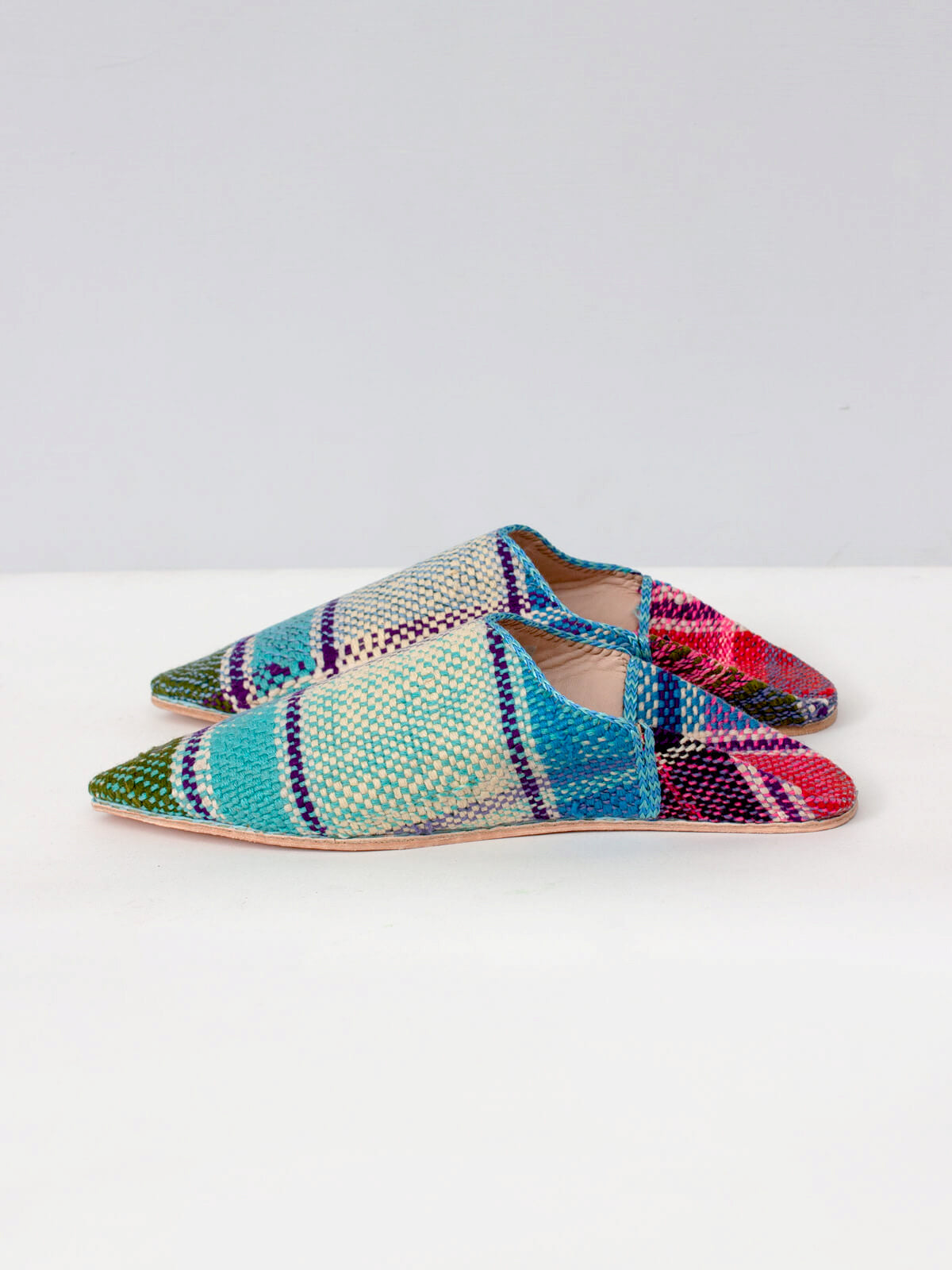 Authentic Moroccan Boujad Pointed Babouche Slippers - Handmade Blue & Green Striped Leather House Shoes for Men & Women | Perfect for Home, Lounge & Cultural Fashion