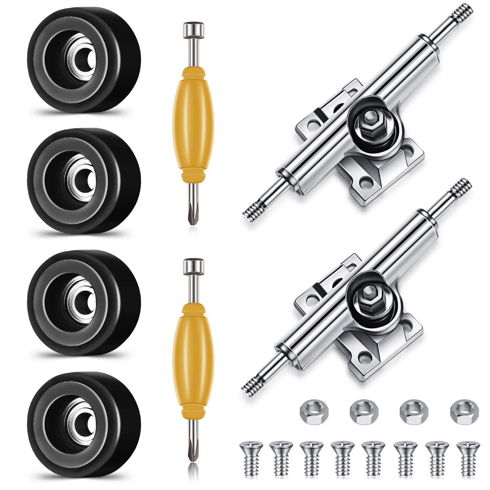 8-Piece Fingerboard Bearing Wheels Set - CNC Lathed Standard Wheels with Screwdriver & 2 Nut Drivers for 34mm Wide Decks - Perfect for Finger Skateboard Trucks & DIY Mini Skateboard Maintenance (Black)