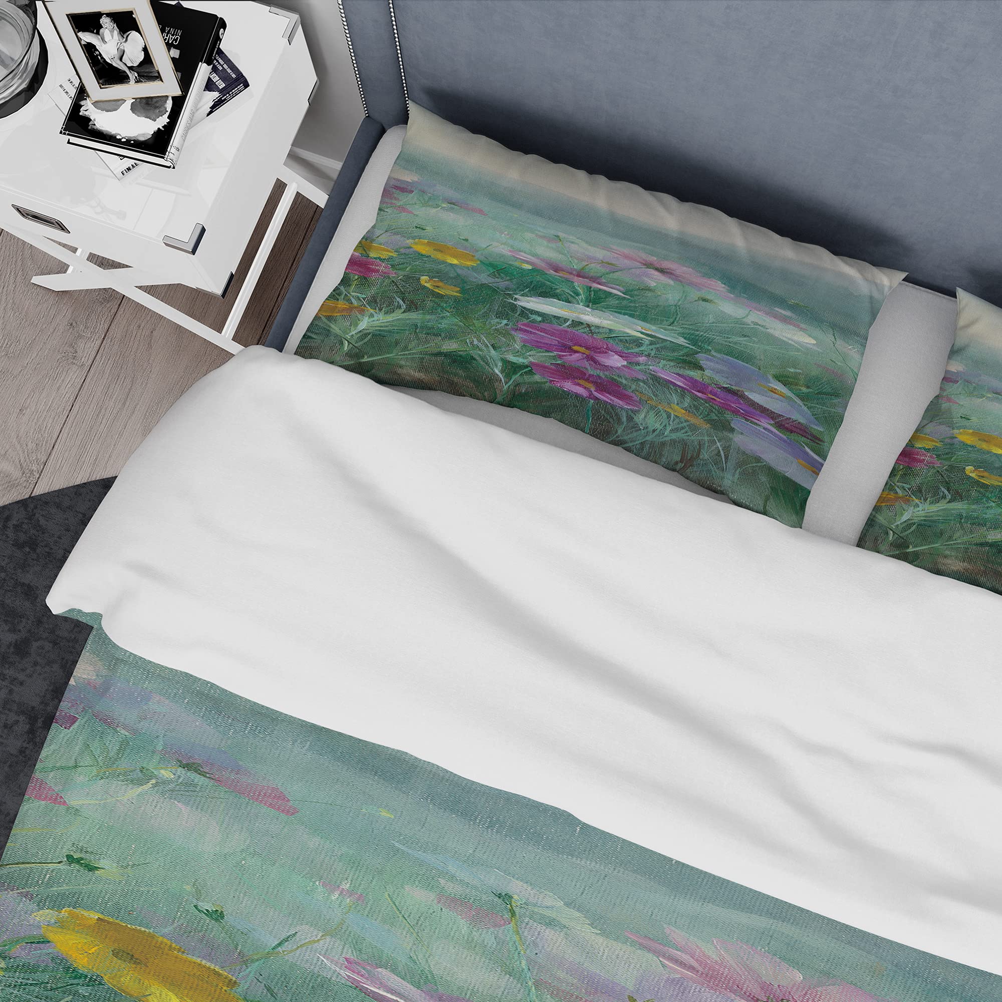 DesignQ Cosmos at Dawn III Traditional Duvet Cover Set - King Size Blue Floral Bedding 3-Piece Set for All Seasons | Perfect for Master Bedroom, Guest Room & Cozy Home Decor