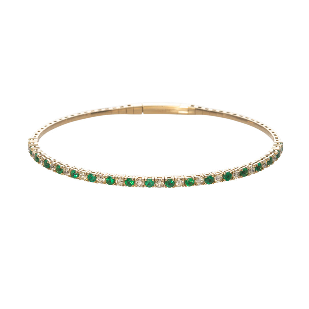 14K Yellow Gold Emerald & Diamond Flexible Bangle Bracelet for Women - Elegant Stackable Jewelry for Weddings, Parties & Everyday Wear