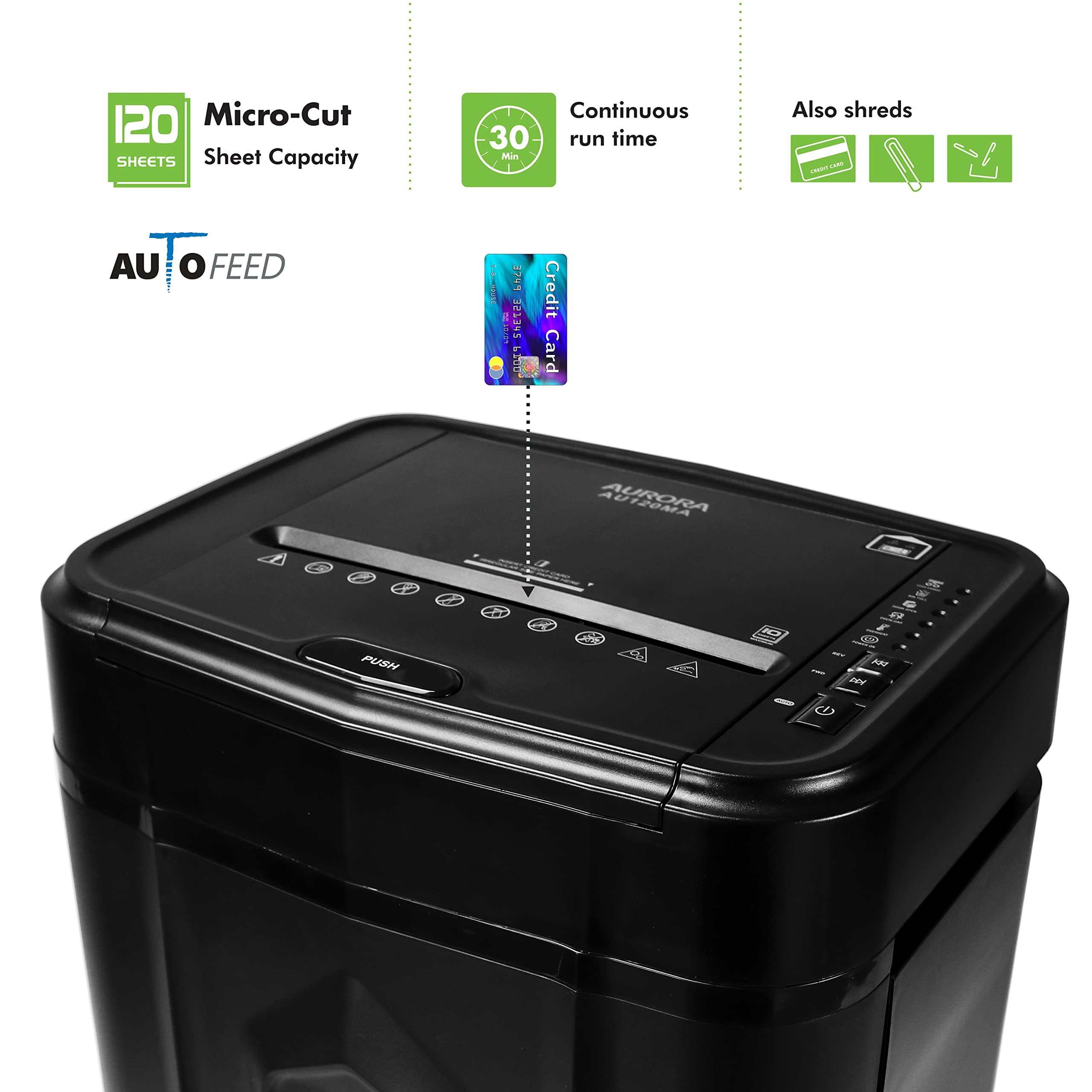 Aurora AU120MA 120-Sheet Auto Feed High Security Micro-Cut Paper Shredder - 30 Minute Run Time (Black) | Ideal for Office, Home & Small Business Document Security