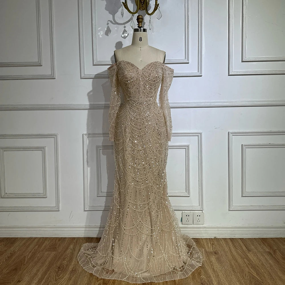Luxury Dubai Nude Mermaid Evening Gown with Beaded Detachable Skirt - Formal Dress for Weddings, Galas & Special Occasions | LA72243A
