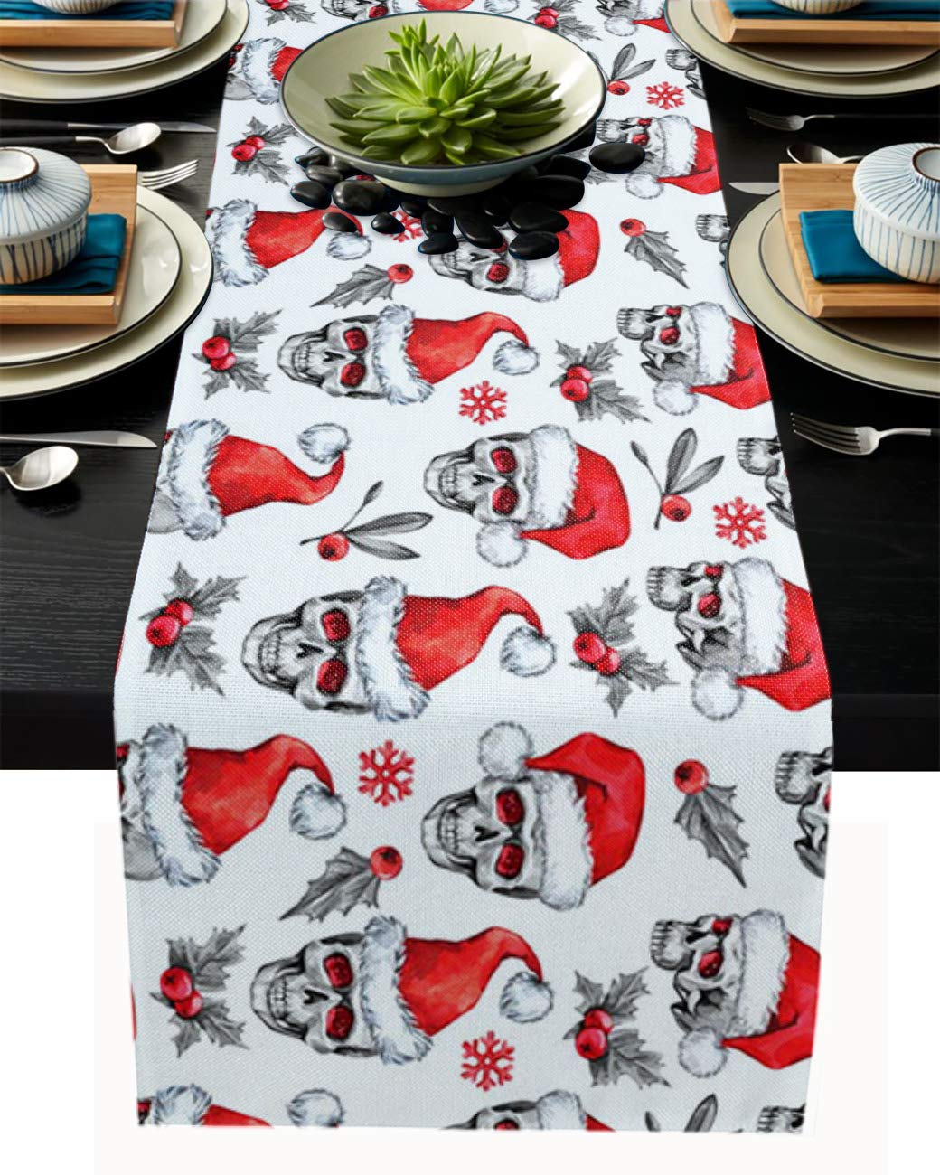 90-Inch Cotton Linen Table Runner - Halloween Skull & Christmas Hat Design for Dining Table, Kitchen, Bedroom Dresser | Decorative Table Scarf for Holiday Parties, Dinner Decor & Home Styling