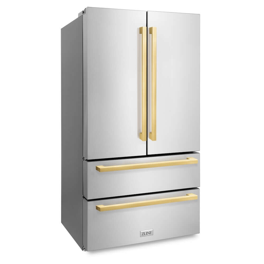 ZLINE Autograph Edition 36 Inch Counter Depth French Door Refrigerator - 22.5 cu ft Capacity, Fingerprint Resistant Stainless Steel with Polished Gold Handles, Built-In Ice Maker - Perfect for Modern Kitchens, Open Concept Homes & Luxury Appliances Collection (RFMZ 36 FG)