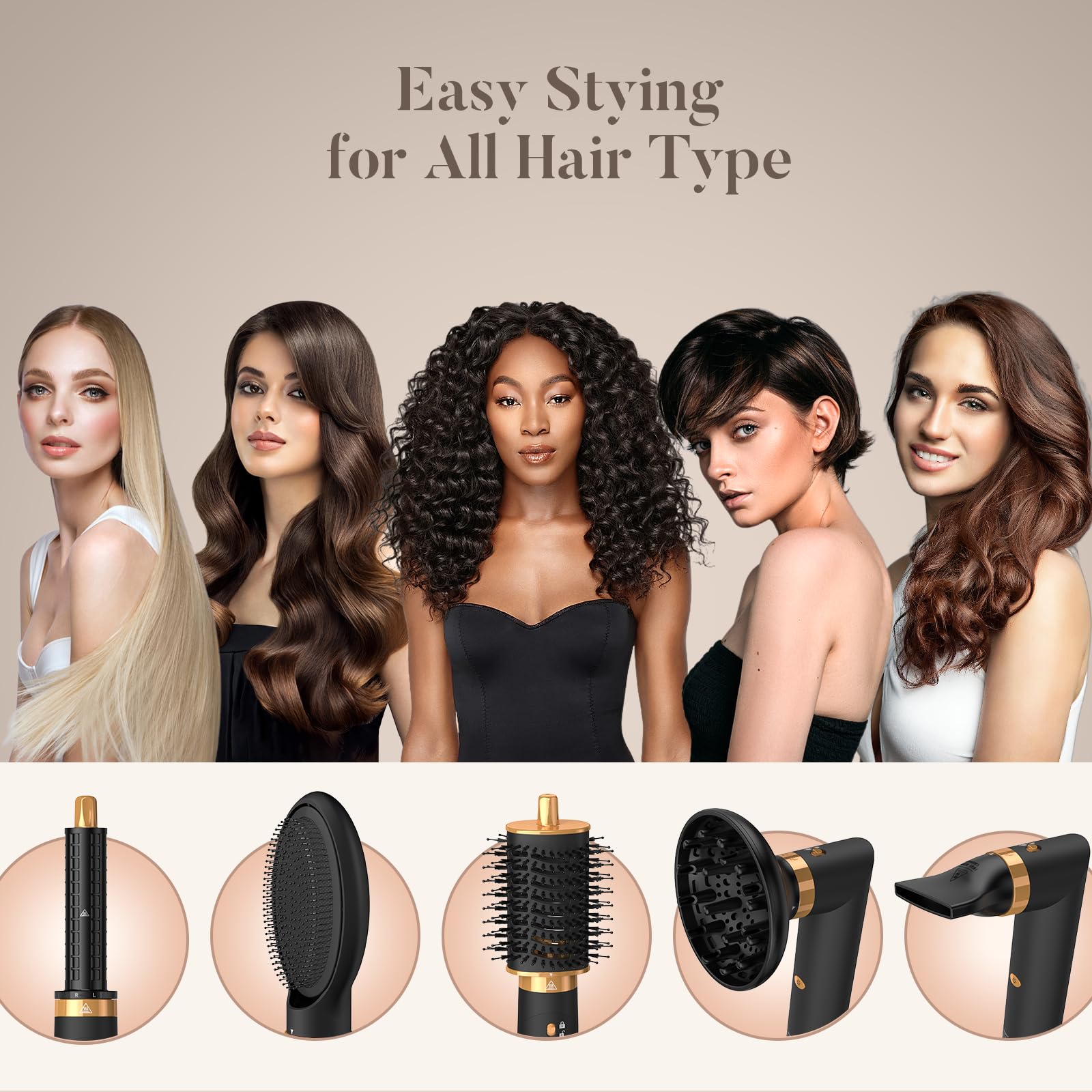 5 in 1 Air Styler - 110,000 RPM High-Speed Hair Dryer Brush with Auto-Wrap Curler, Cushion Massager Brush, Oval Brush & Diffuser | Professional Salon Styling at Home for Straightening, Volumizing & Curling Hair