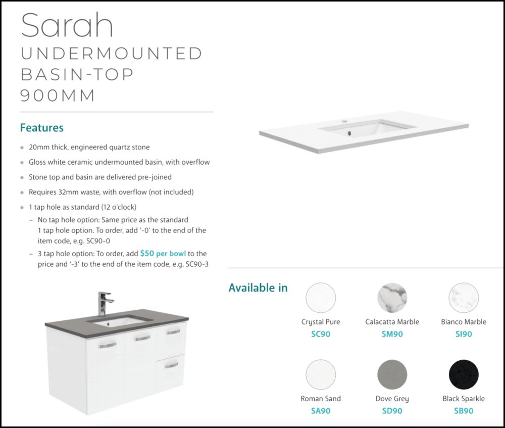 Fienza 900mm SC90XL Crystal Pure Undermount Stone Top Vanity Unit with Left Drawers - Modern Wall Hung Bathroom Sink for Industrial Style Homes & Luxury Hotels