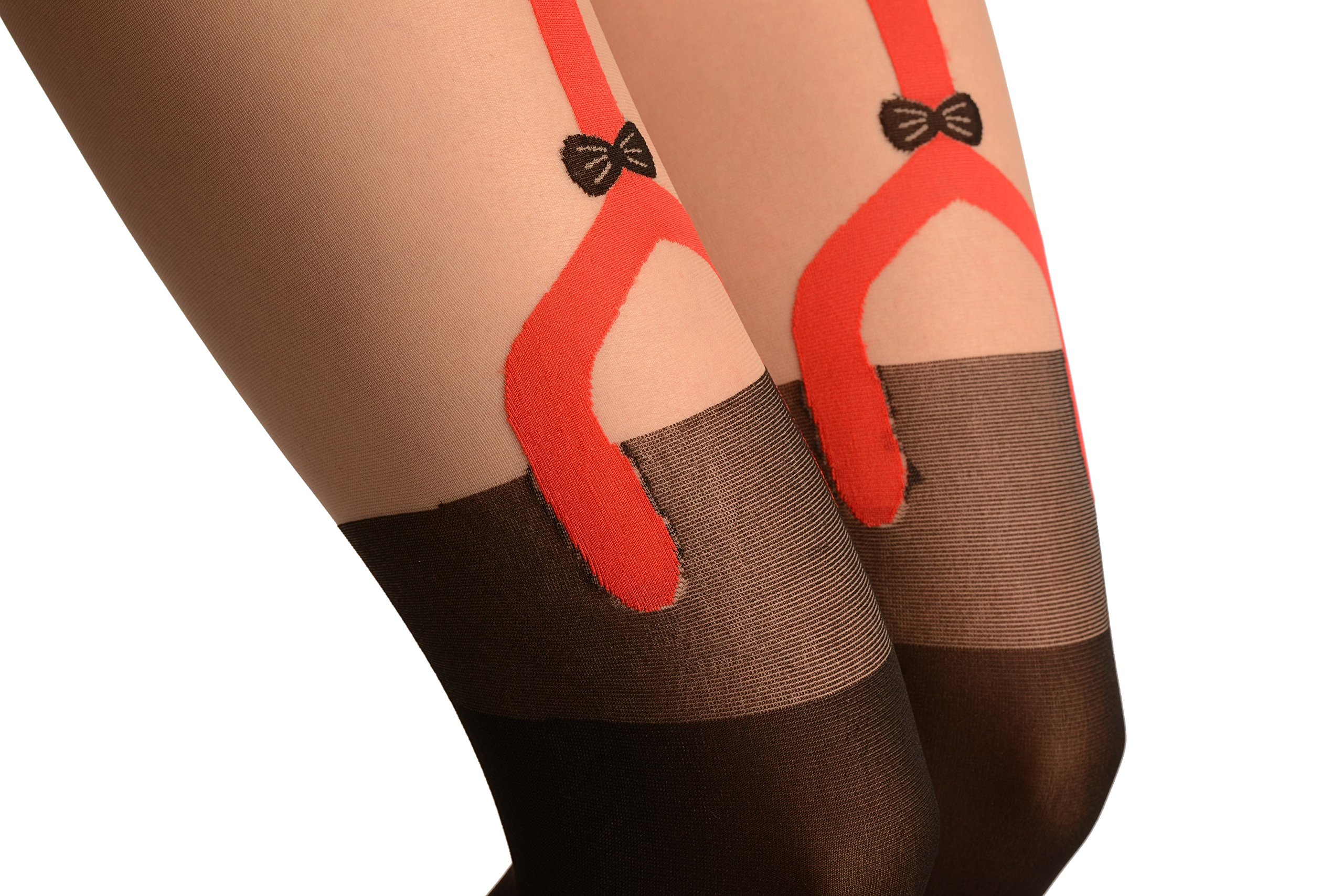 LissKiss Black Faux Stockings with Red Garter Belt - Sexy Pantyhose & Tights for Women | Perfect for Valentine's Day, Boudoir, and Special Occasions