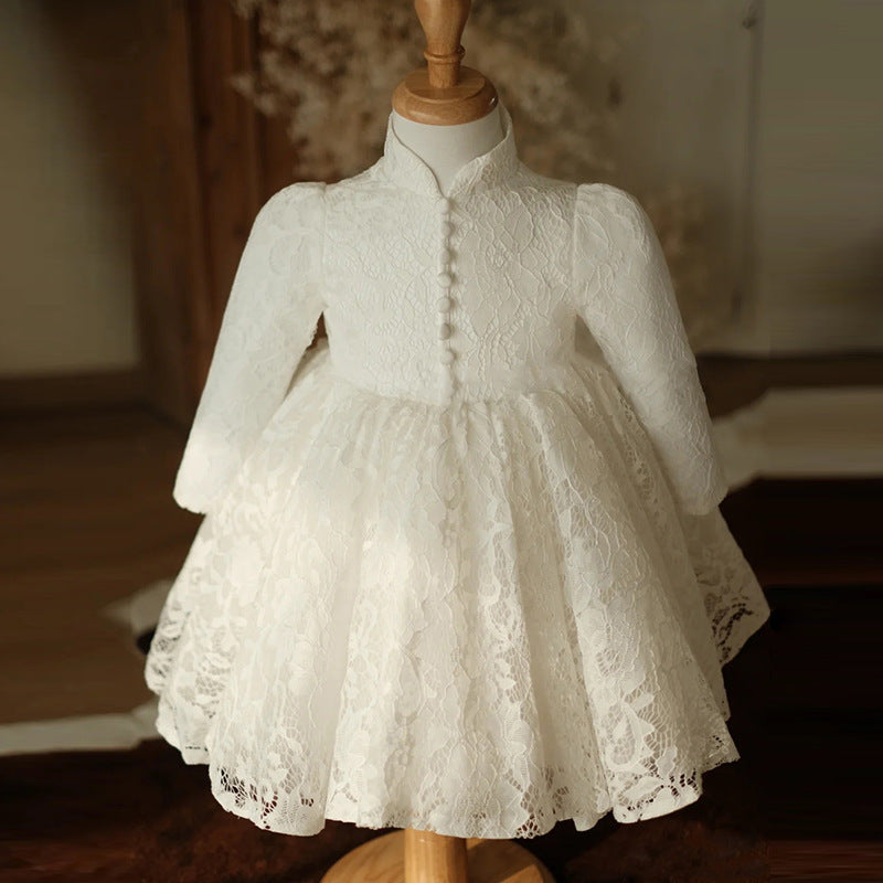 White Lace Princess Flower Girl Dress - Mock Neck Lantern Sleeve Wedding Party Gown for Toddler Girls - Perfect for Flower Girls, Pageants & Special Occasions