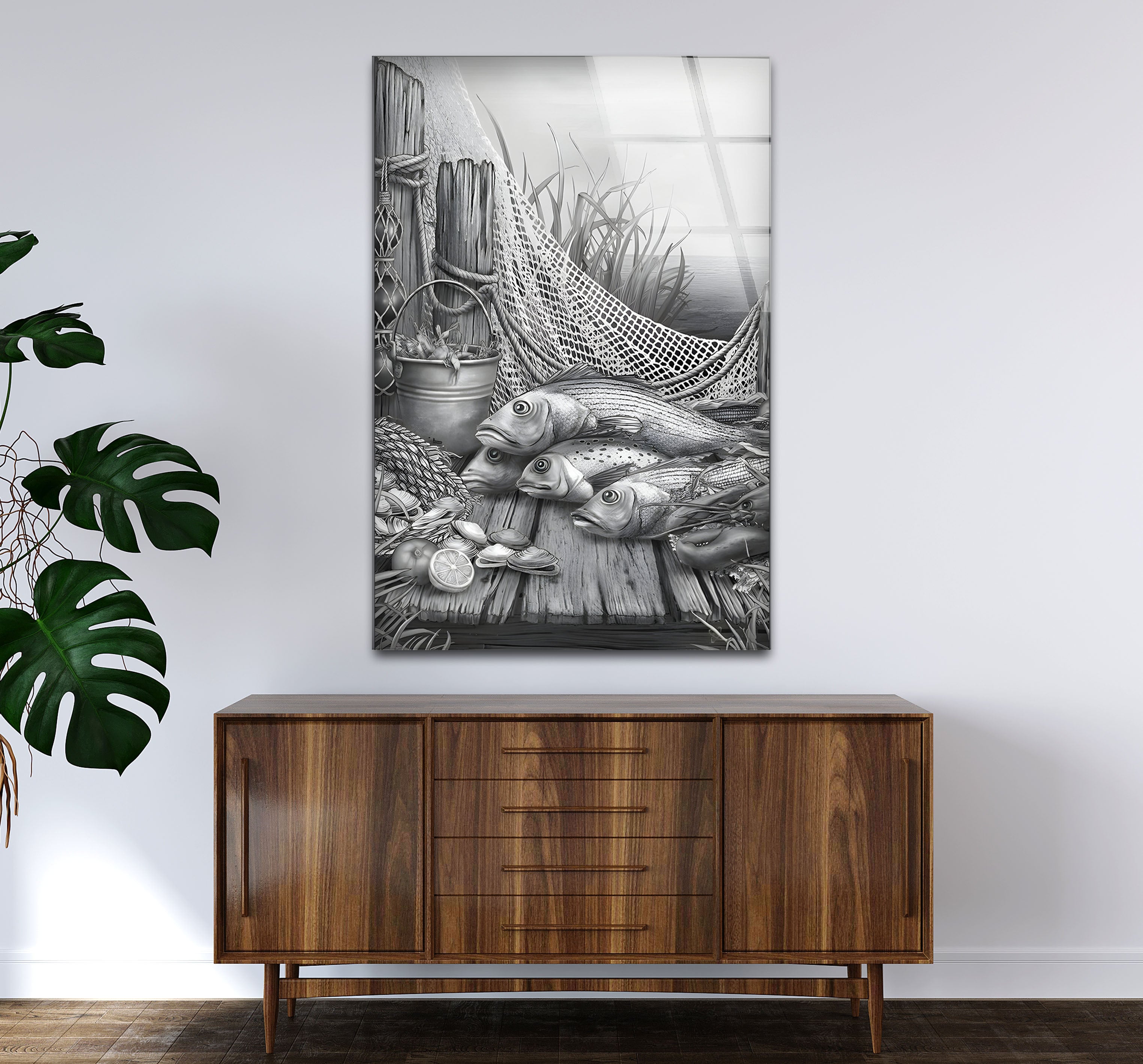 Black and White Fish Art Glass Wall Decor - Elegant Ocean-Themed Mural for Living Room, Bedroom & Office