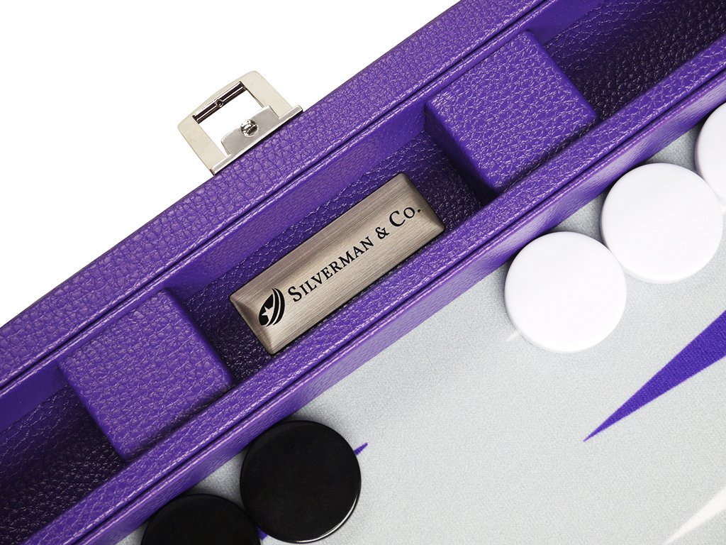Premium 13-Inch Travel Backgammon Set - Purple Game Board with Grey Field & White/Purple Points | Portable Board Game for Camping, Beach, Picnics & Family Game Nights