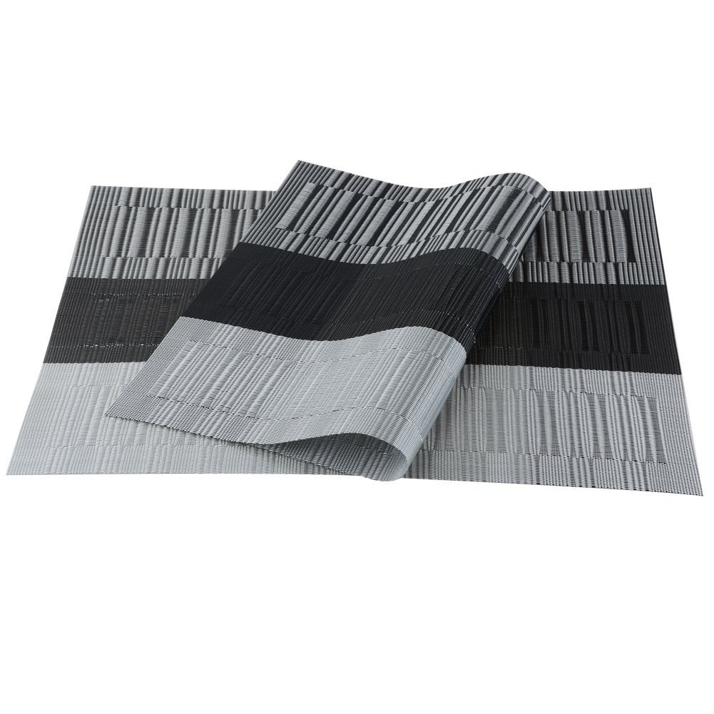 Premium PVC Placemats Set of 6 - Heat-Resistant Woven Vinyl Table Mats for Dining, Kitchen & Office - Stylish Grey & Black Home Decor Accessories - Perfect for Everyday Meals, Dinner Parties & Holiday Gatherings