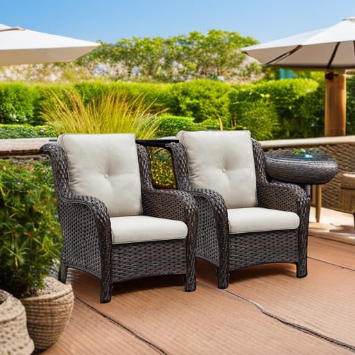 2-Piece Brown/Beige Wicker Patio Chair Set - High Back Rattan Dining Chairs with Deep Seating for Outdoor Porch, Garden, Poolside & Backyard Relaxation