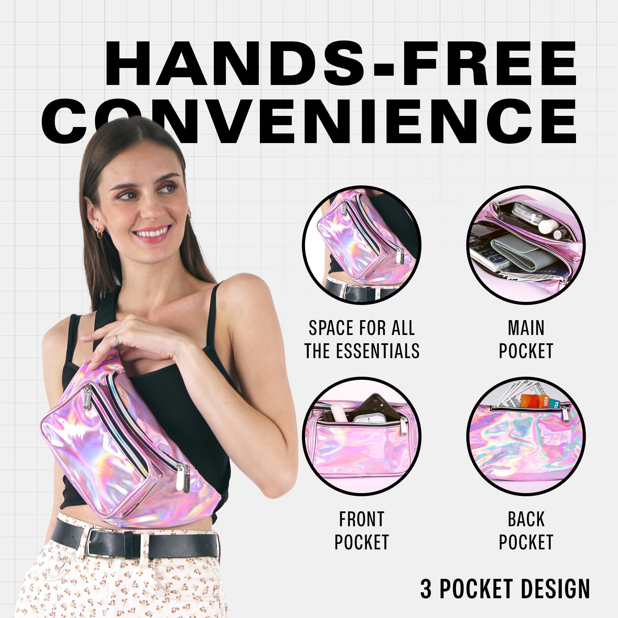 Holographic Fanny Pack Belt Bag for Men & Women - Waterproof Crossbody Waist Pack - Hands-Free Bumbag for Hiking, Running, Travel & Everyday Use - Pale Pink