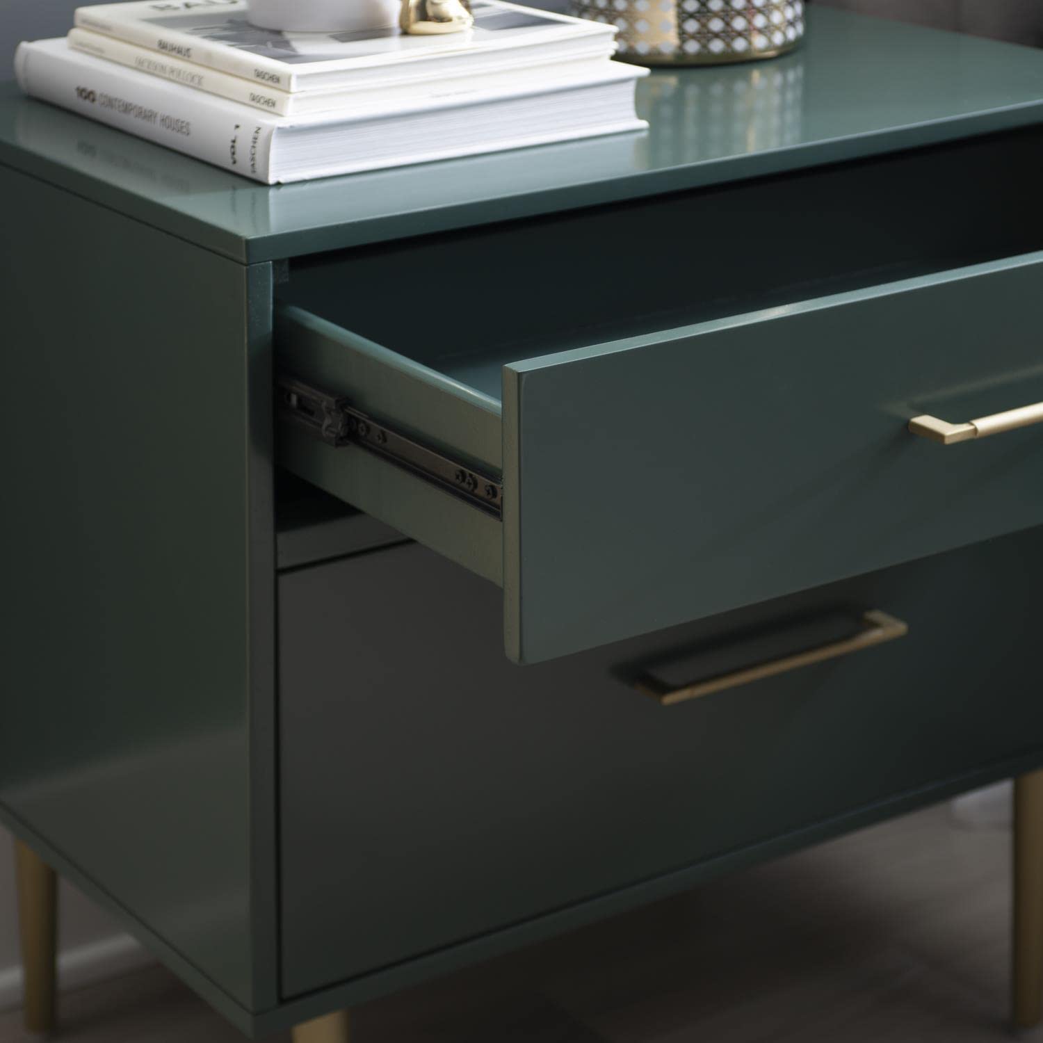 Linon Gloria 2-Drawer Nightstand - Dark Green Finish, Bedside Table for Bedroom, Compact Storage for Lamps, Books & Essentials