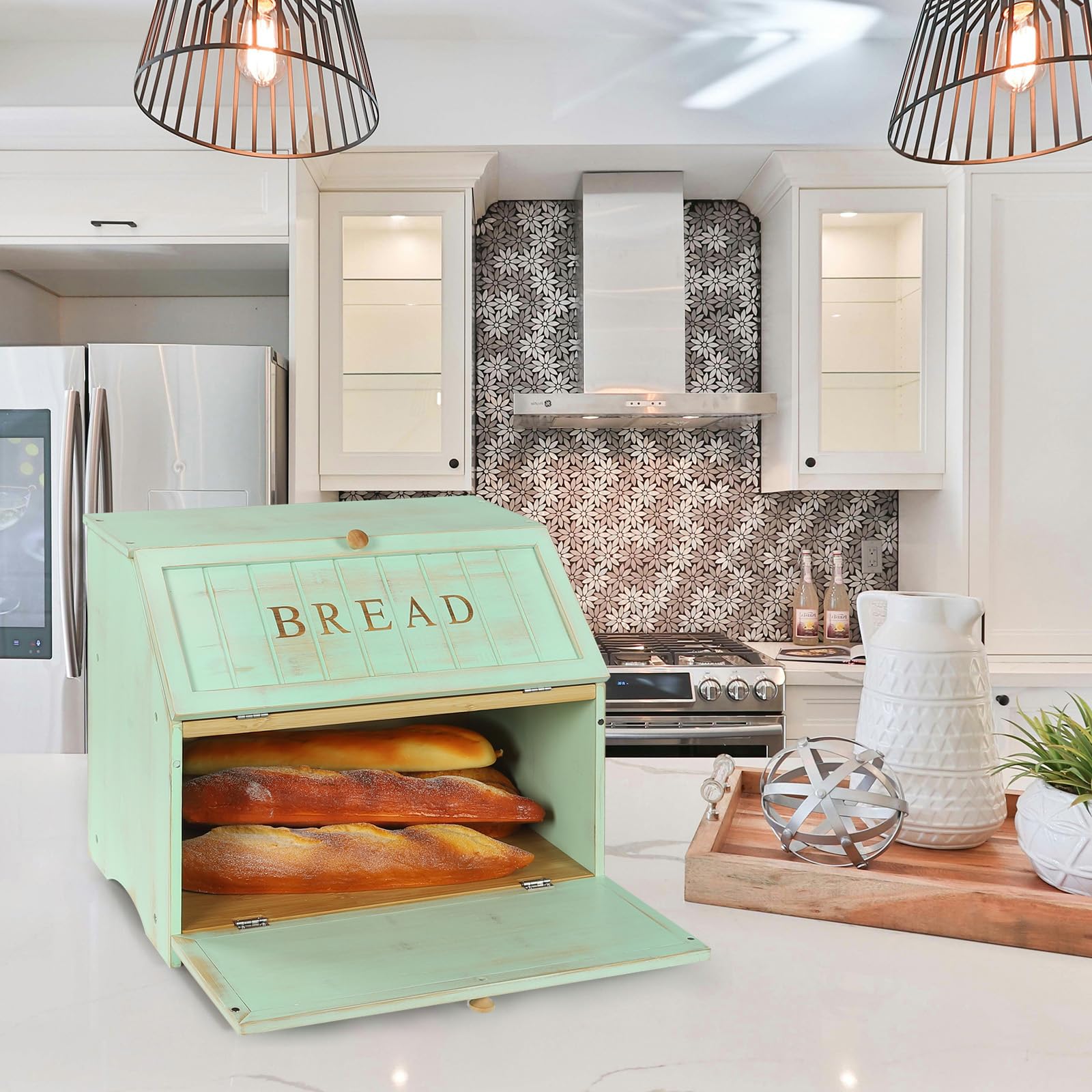 Double Layer Large Bread Box for Kitchen Counter - Retro Wooden Bread Storage Bin with High Capacity (Mint Green) | Perfect for Bread, Pastries & Baked Goods Storage - Ideal for Home, Bakery & Restaurant Use