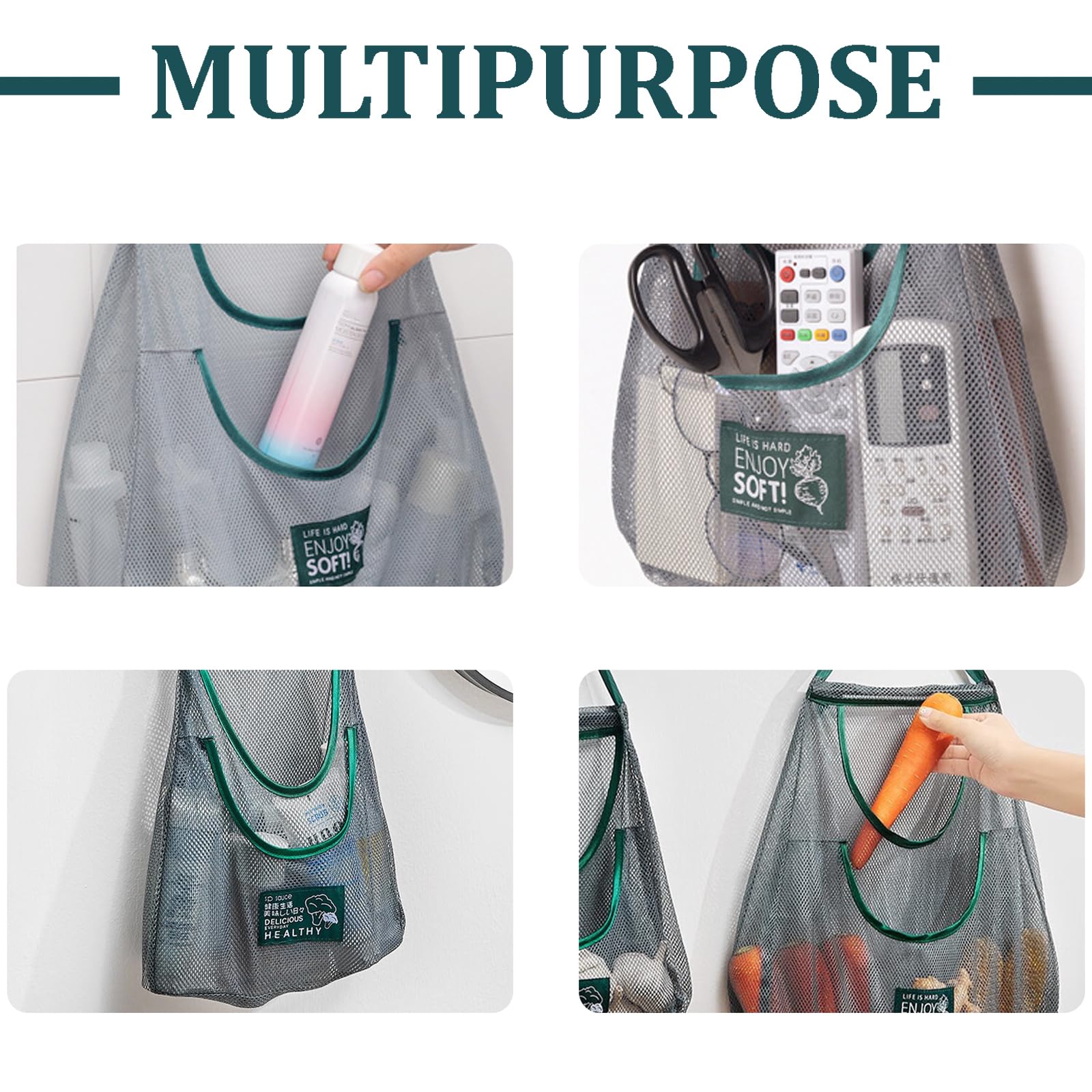 3-Pack Reusable Hanging Mesh Storage Bags for Kitchen - Dual Pocket Net Organizer for Fruits, Vegetables, Garlic, Onions, Potatoes & Tomatoes | Space-Saving Pantry & Refrigerator Organizer