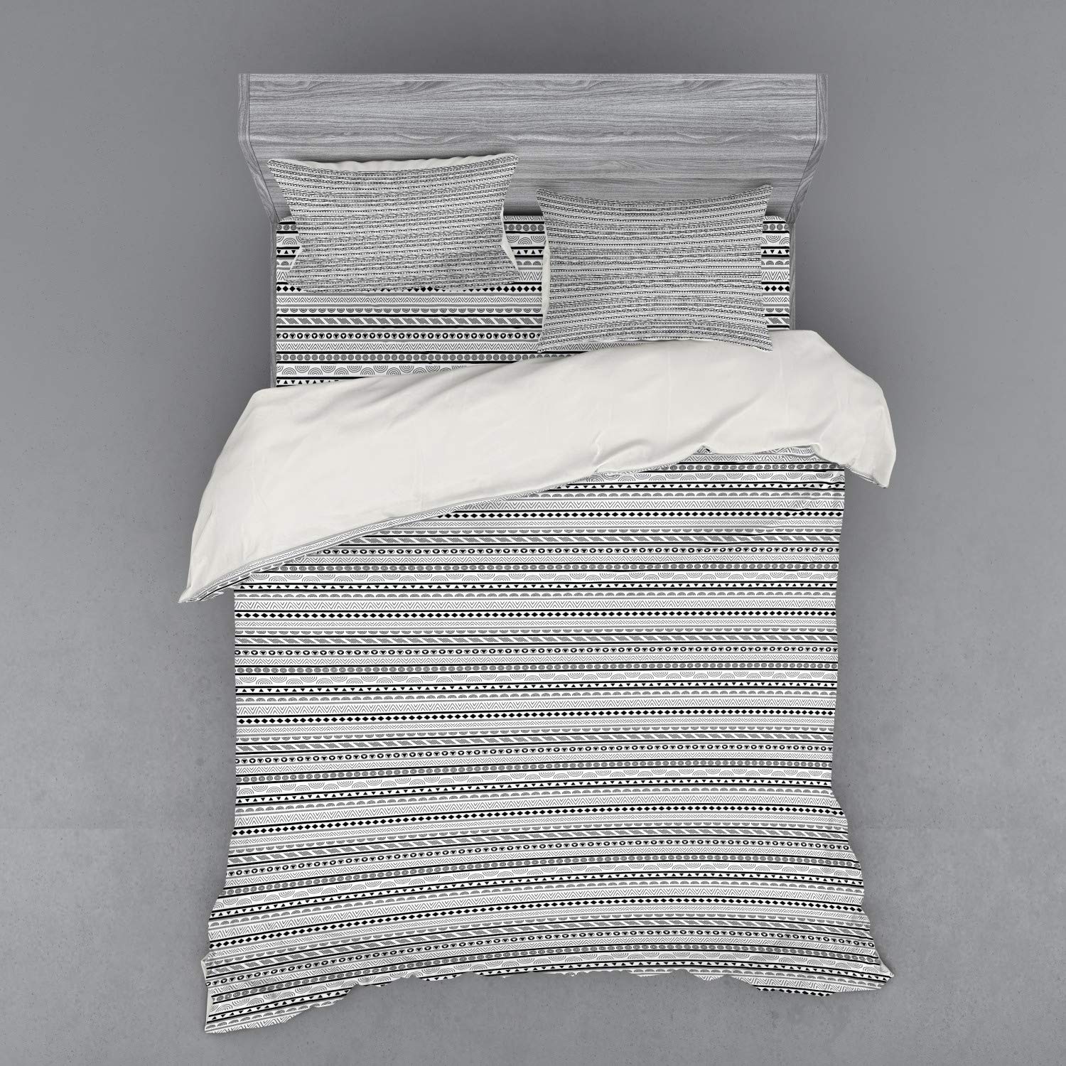 Ambesonne Ethnic Duvet Cover Set - Geometric Oriental Pattern with Triangles, Rhombuses & Circles, 4-Piece Queen Size Bedding (Duvet Cover + 2 Shams + Fitted Sheet) in Pale Grey Black & White - Perfect for Boho Chic Bedroom Decor & Guest Room Styling