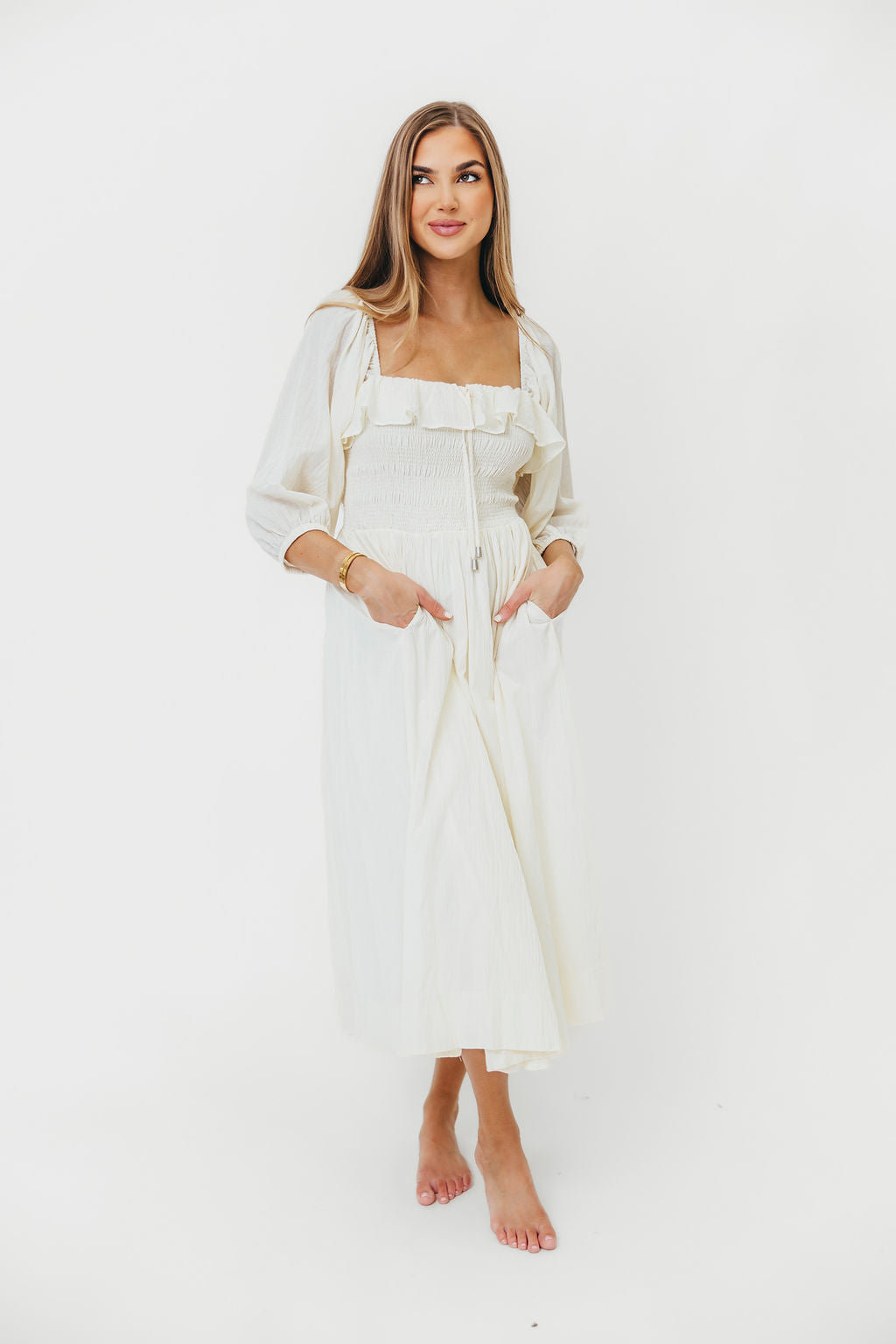 Miffy Ruffled Smocking Flowy Midi Dress in Ivory - Elegant Summer Dress for Women, Perfect for Weddings, Parties & Beach Vacations