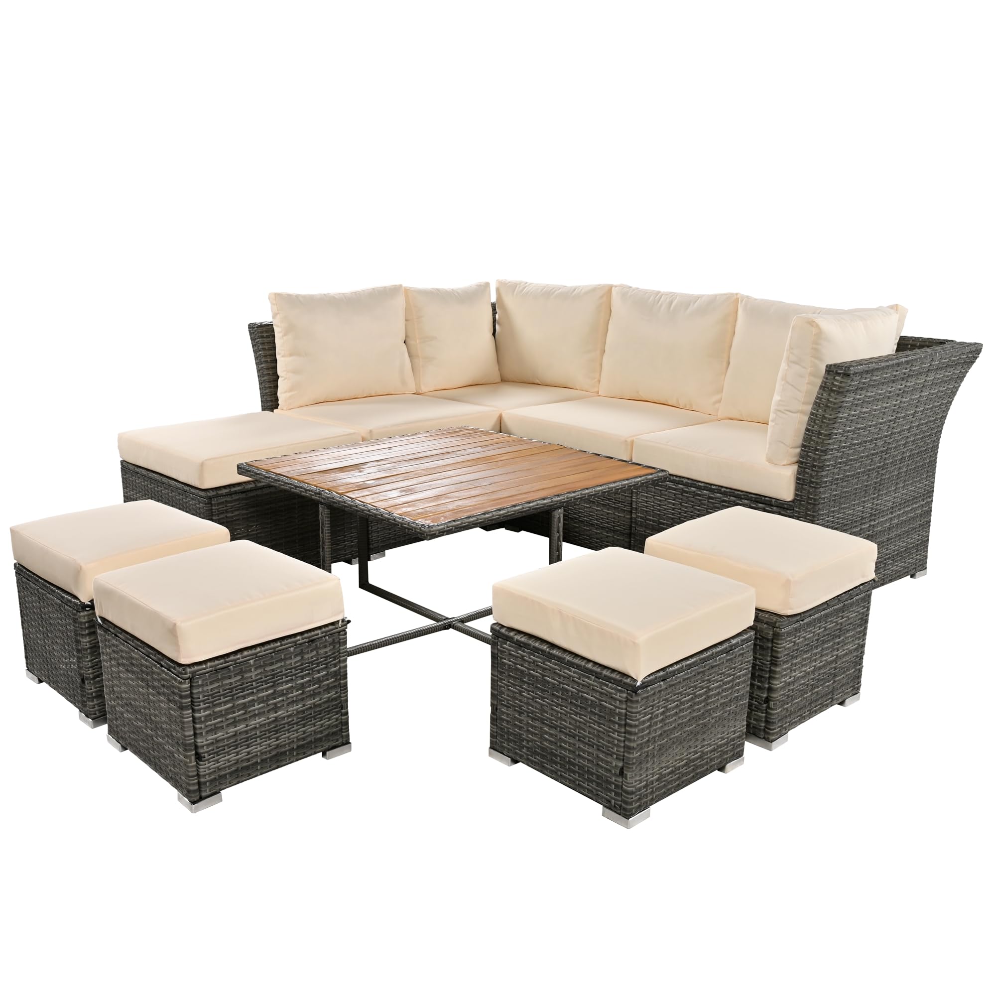 Merax 9-Piece All-Weather Patio Conversation Set - Outdoor Rattan Wicker Sectional Sofa with Solid Wood Coffee Table & Ottomans, Beige - Perfect for Backyard, Garden, Poolside & Terrace Relaxation