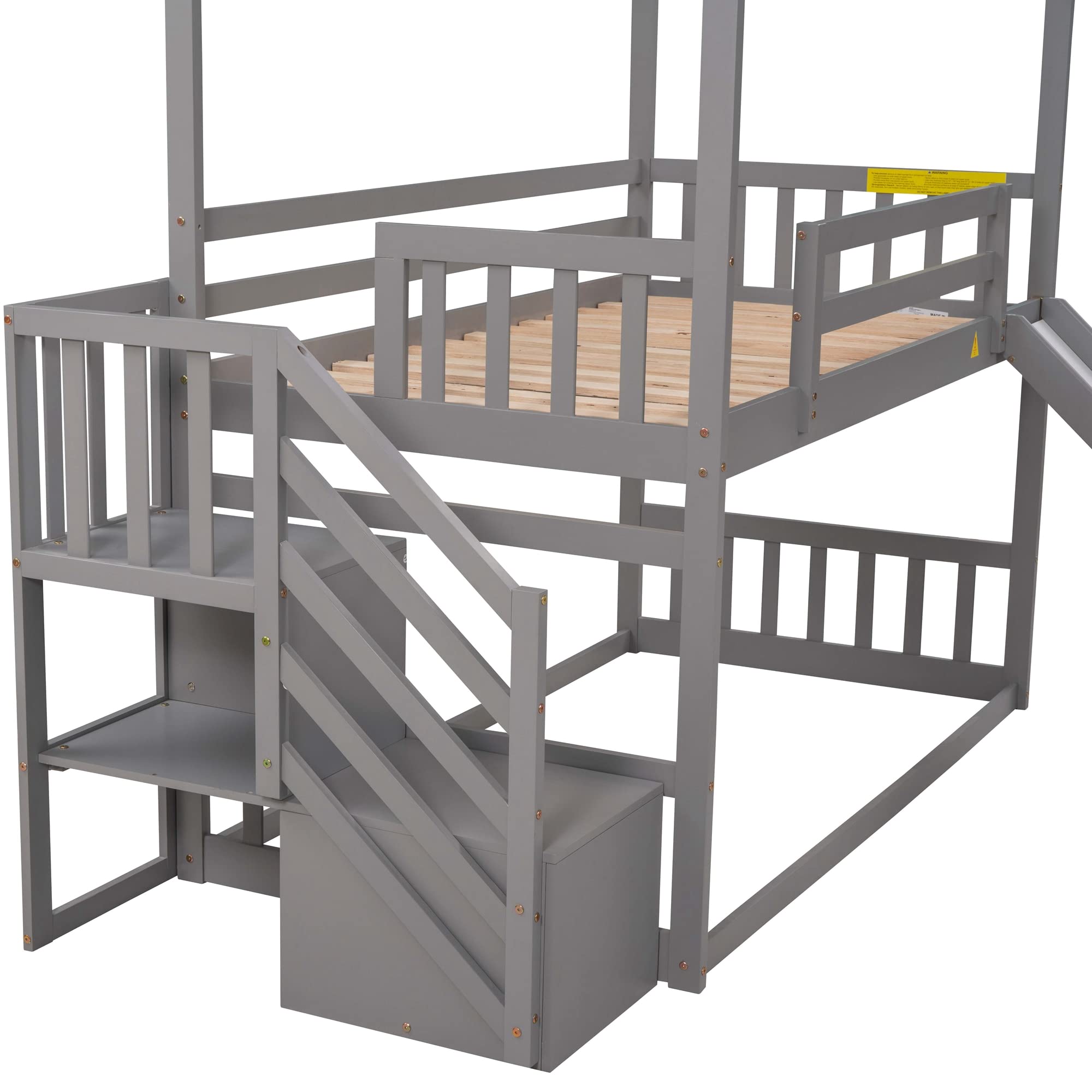 Twin Over Twin Wooden Bunk Bed with Slide, 2 Drawers, Roof & Guardrails - No Box Spring Needed - Perfect for Kids, Teens & Family Bedrooms (Gray)