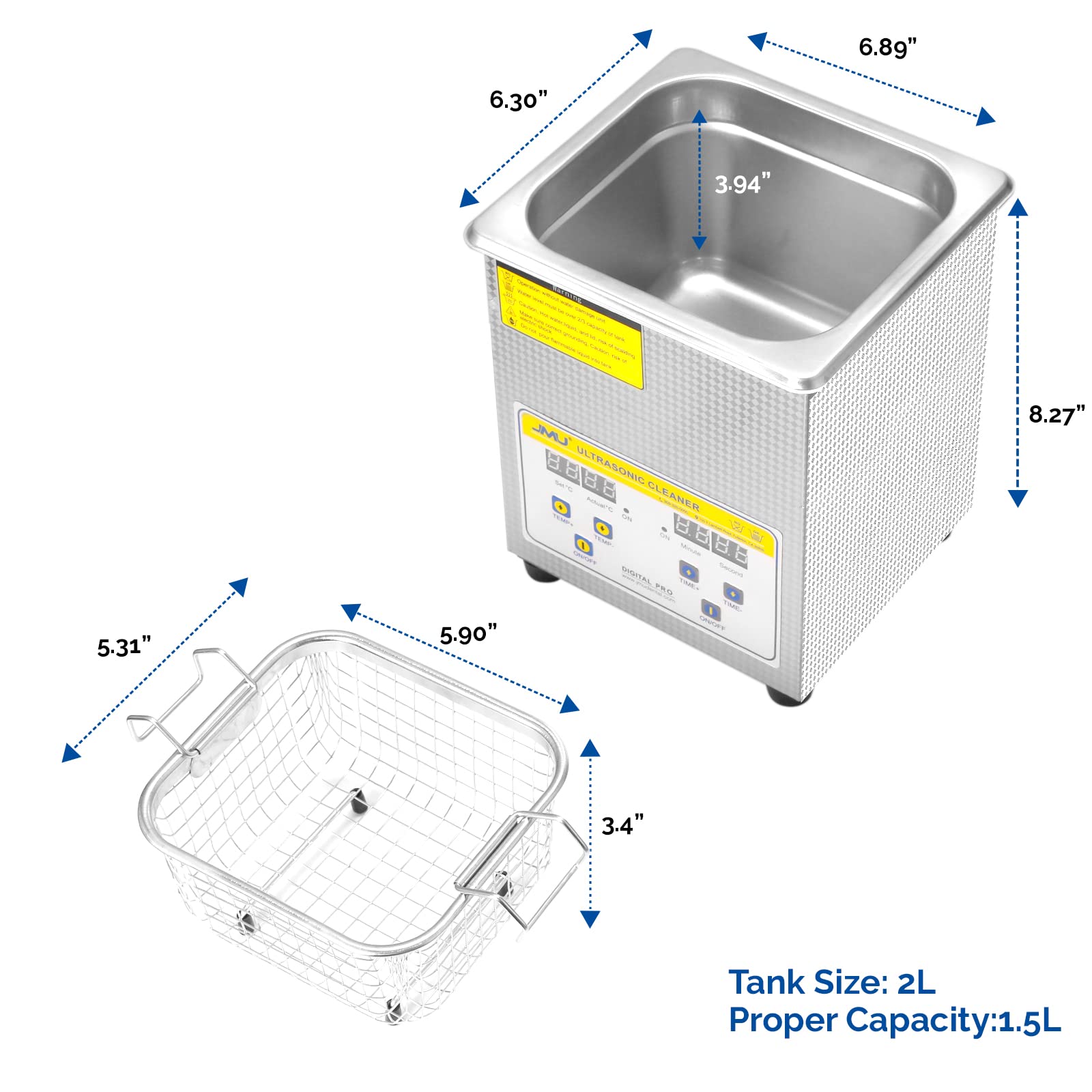 JMU 2L Professional Ultrasonic Cleaner with Digital Timer & Heater - Jewelry, Watch, Glasses, Circuit Board, Dental Tools Cleaning for Home & Commercial Use