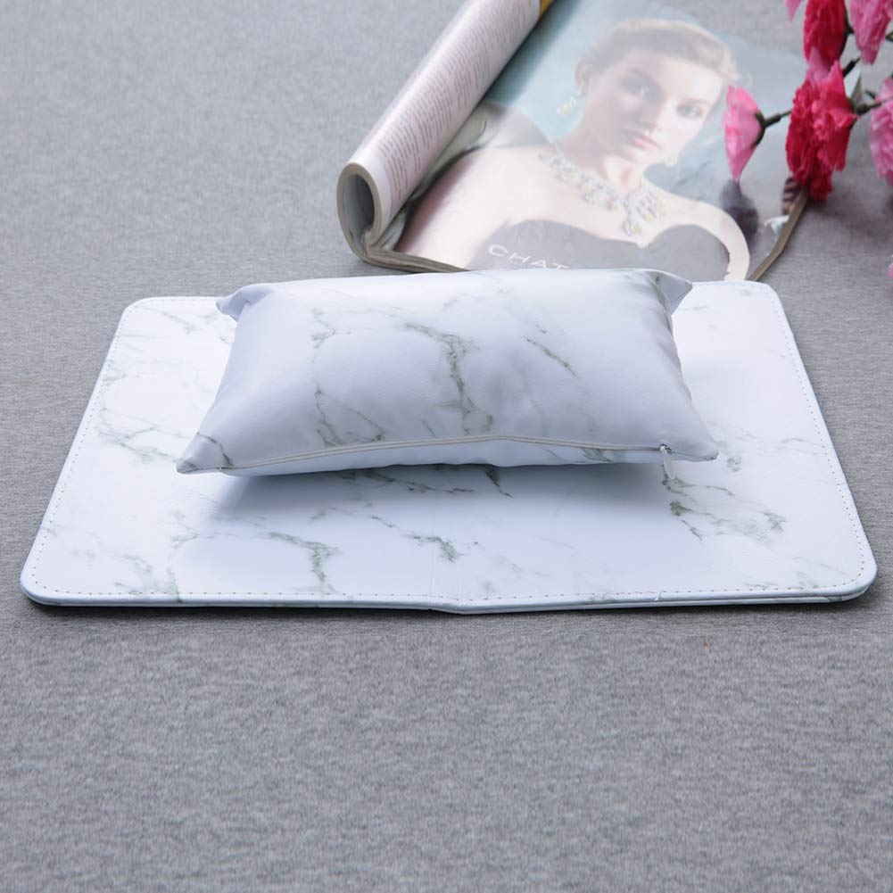Professional Nail Art Hand Cushion for Salon & Manicure - Removable, Washable, Foldable Wrist Rest with Non-Slip Design (White Marble) - Perfect for Nail Technicians, Home Manicures & Gel Polish Application