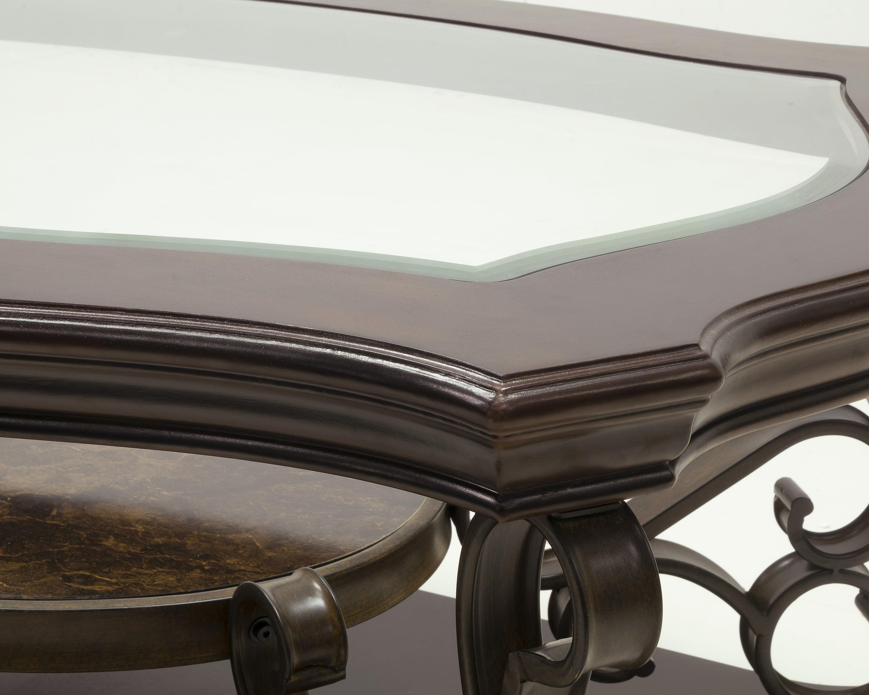 Modern Cocktail Table with Glass Top & MDF Marble-Pattern Shelf - Powder Coated Metal Legs (52