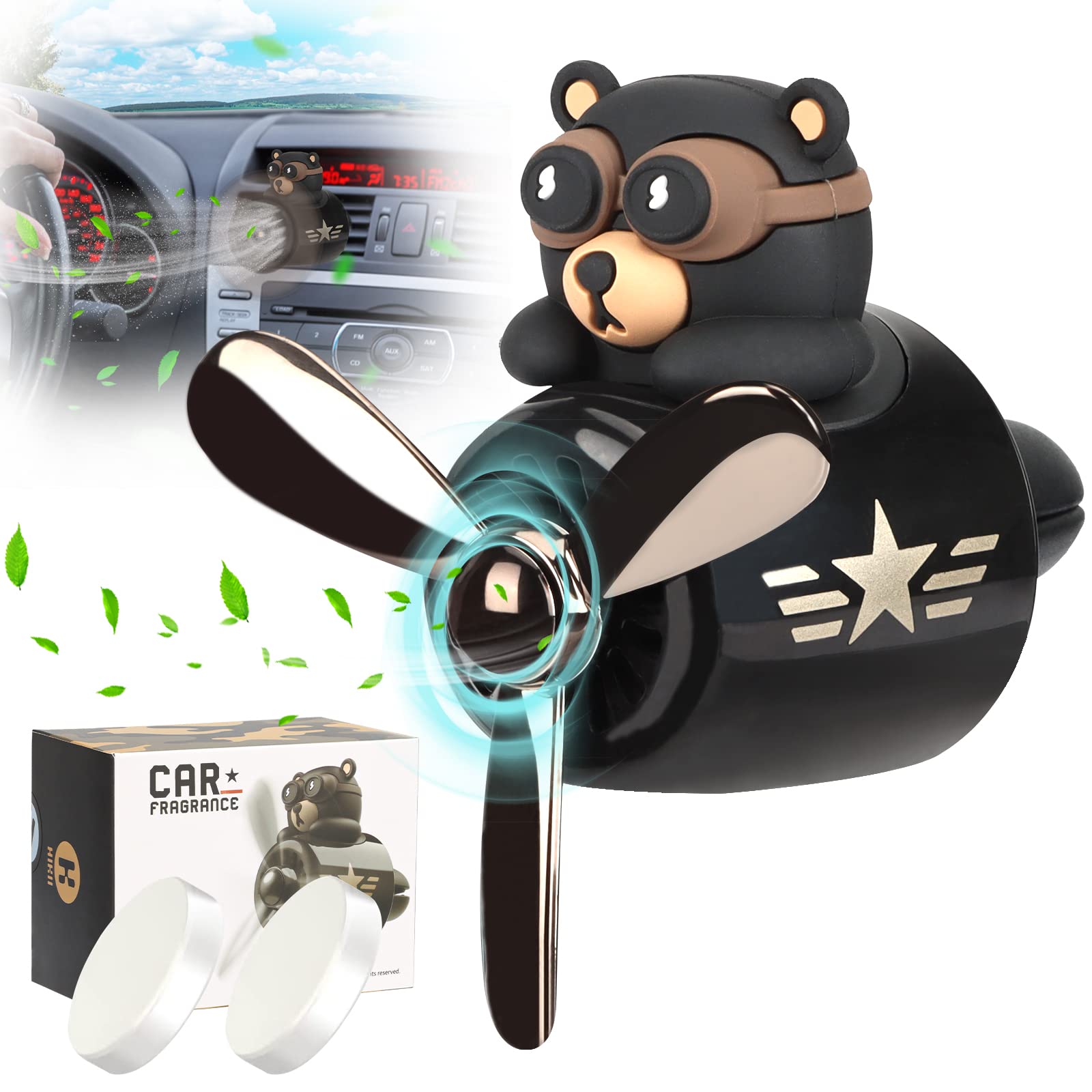Bear Pilot Car Air Freshener - Cute Rotating Propeller Air Vent Clip Diffuser for Cars & Airplanes | Creative Aromatherapy Ornament & Automotive Accessories | Perfect for Road Trips, Commuting & Travel Gifts