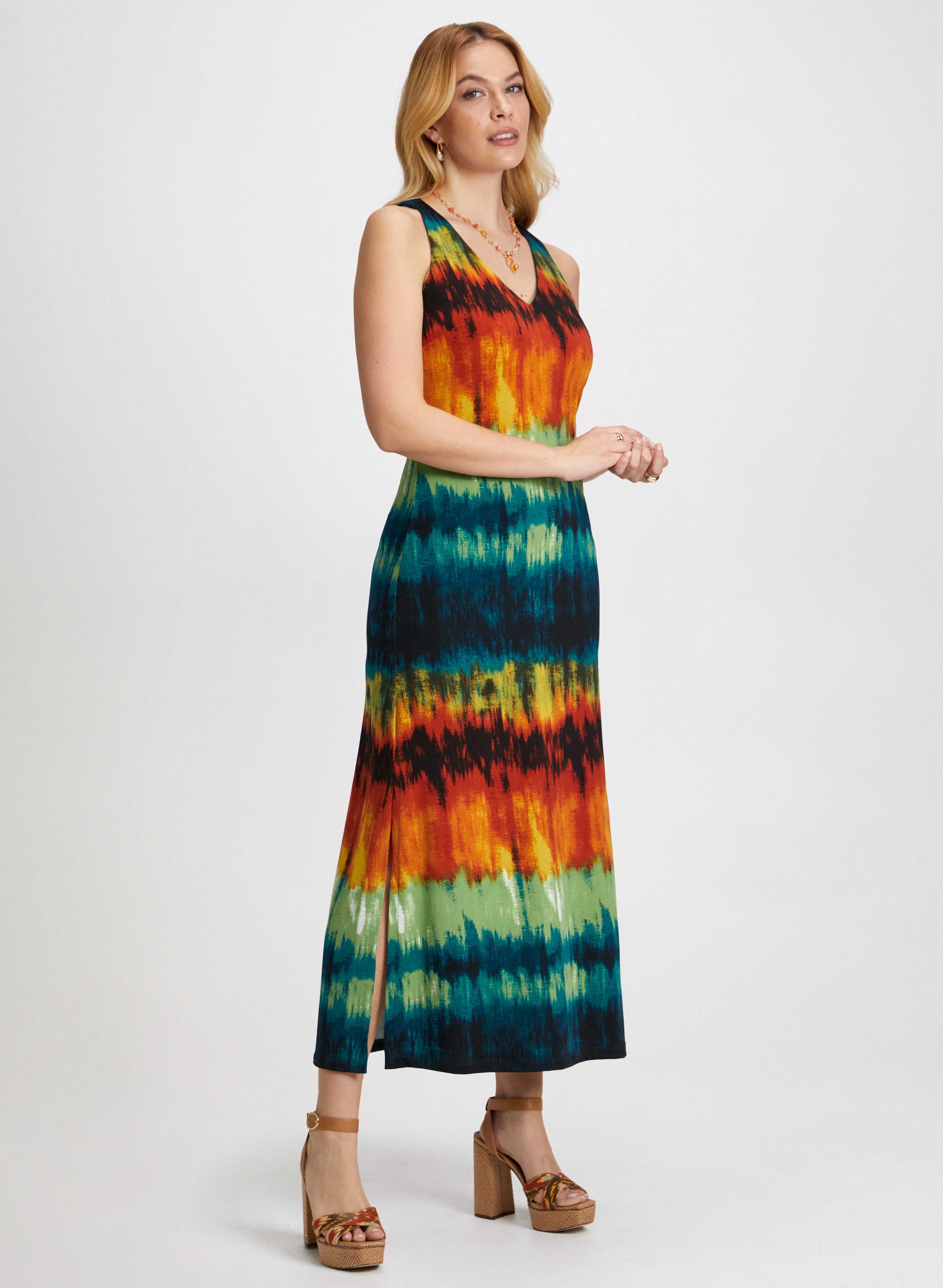 Abstract Print Maxi Dress for Women - Flowy Bohemian Long Dress with V-Neck & Side Slits - Perfect for Beach, Vacation, and Summer Outfits