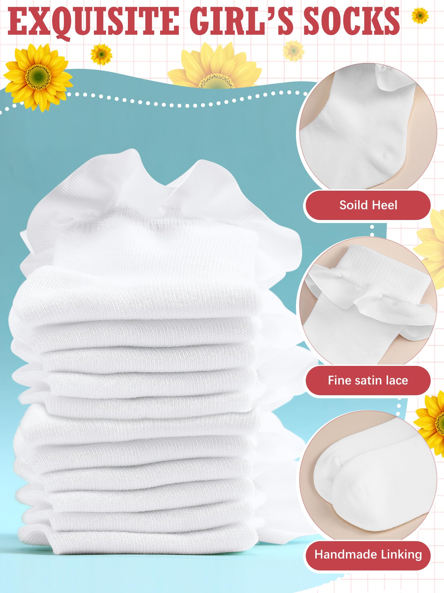 6 Pairs White Ruffle Socks for Girls - Frilly Cotton School Uniform Knee High Socks for Toddlers - Perfect for School, Dress Up & Special Occasions