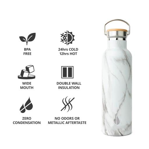 Elemental Classic 25oz Stainless Steel Water Bottle - Double Wall Insulated Thermos with Bamboo Lid - Leak Proof for Gym, Hiking & Travel - White Marble Design - Perfect for Workouts, Outdoor Adventures & Daily Hydration