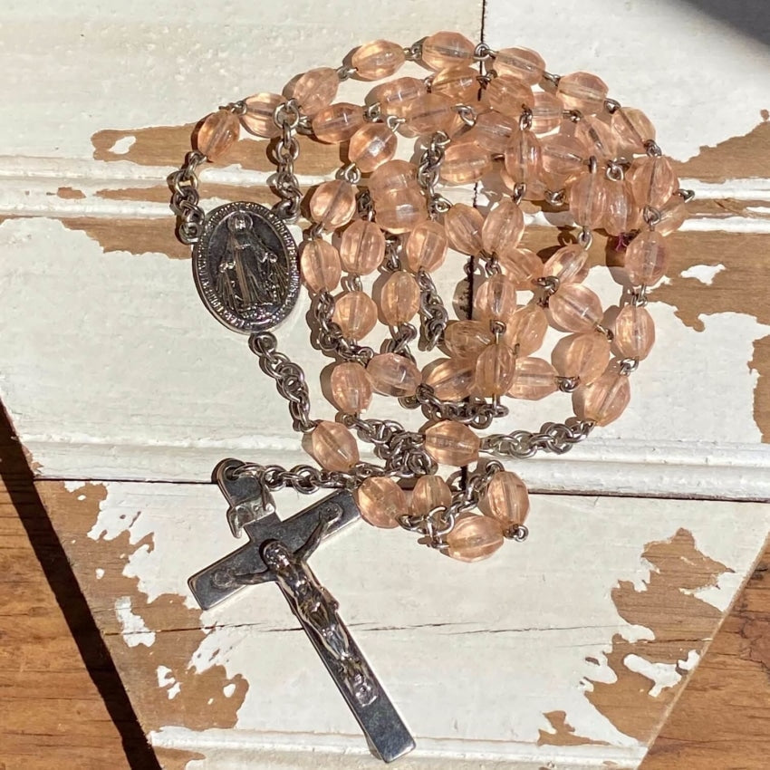 Vintage French Rosary with Blush Pink Beads - Elegant Catholic Prayer Beads for Meditation, Gift & Religious Devotion - Perfect for Weddings, Baptisms & Spiritual Practices