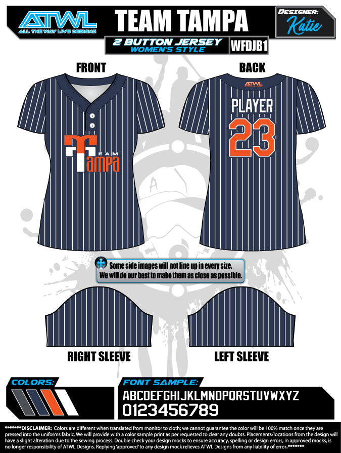 Team Tampa Navy Blue 2-Button Women's Full Dye Baseball Jersey - Perfect for Game Day, Team Sports & Casual Wear