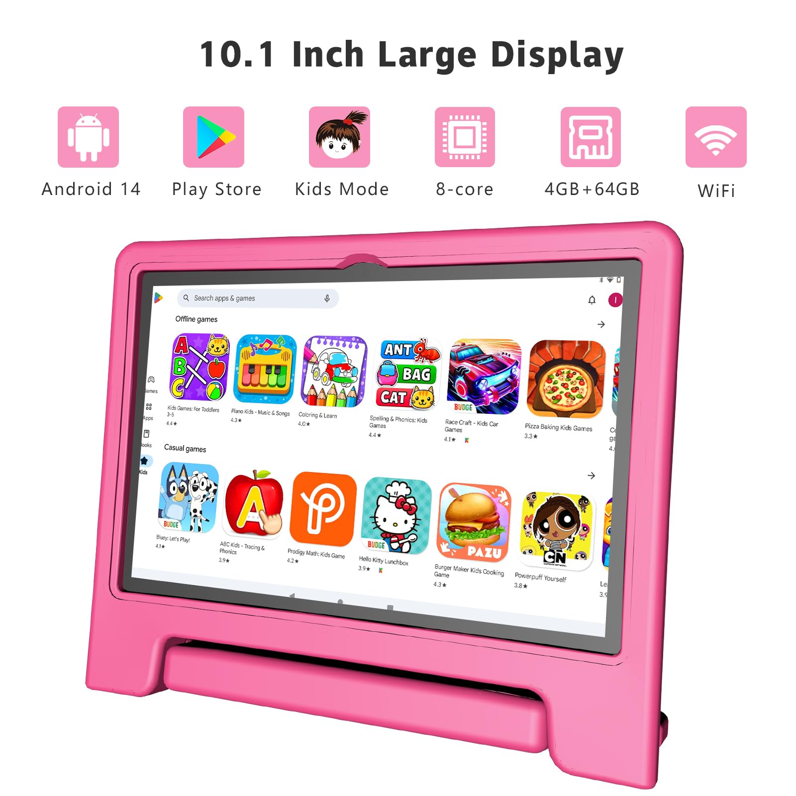 10.1 Inch Kids Tablet - Android 14, 64GB Storage, Octa-Core Processor, WiFi Enabled, Long Battery Life with Parental Controls | HD 1280x800 Display | Google Kids Space Preloaded | Perfect for Learning & Entertainment (Pink)