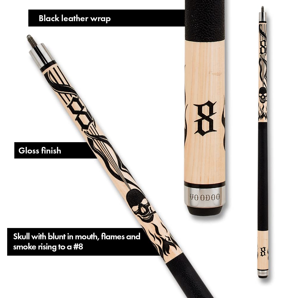 VOODOO Billiards Pool Cue Stick - Premium Bone Handle with Smoking Skull Design - Professional Billiard Accessory for Pool Players & Game Room Decor