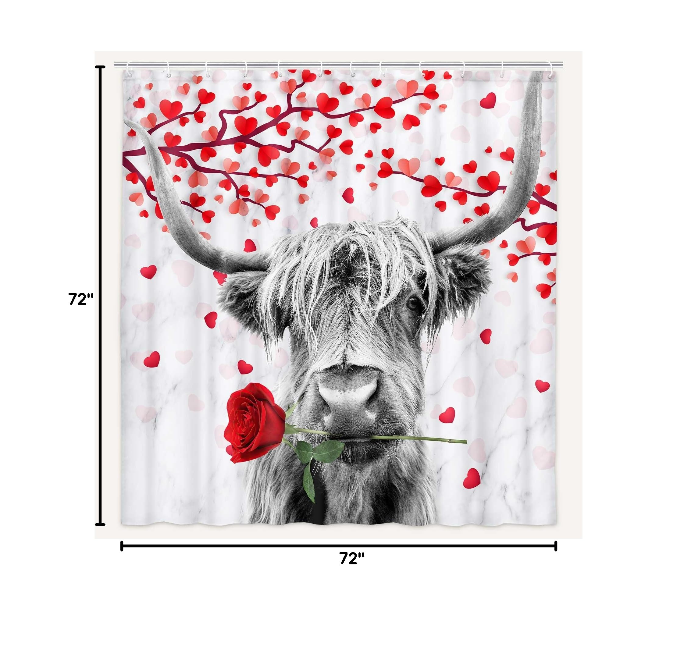 Funny Highland Cow Valentine's Day Shower Curtain - Farmhouse Western Rustic Bathroom Decor with Red Heart Tree Design, Includes Hooks (72x72 Inches) | Perfect for Farmhouse Bathrooms, Valentine's Gifts & Country-Themed Home Decor