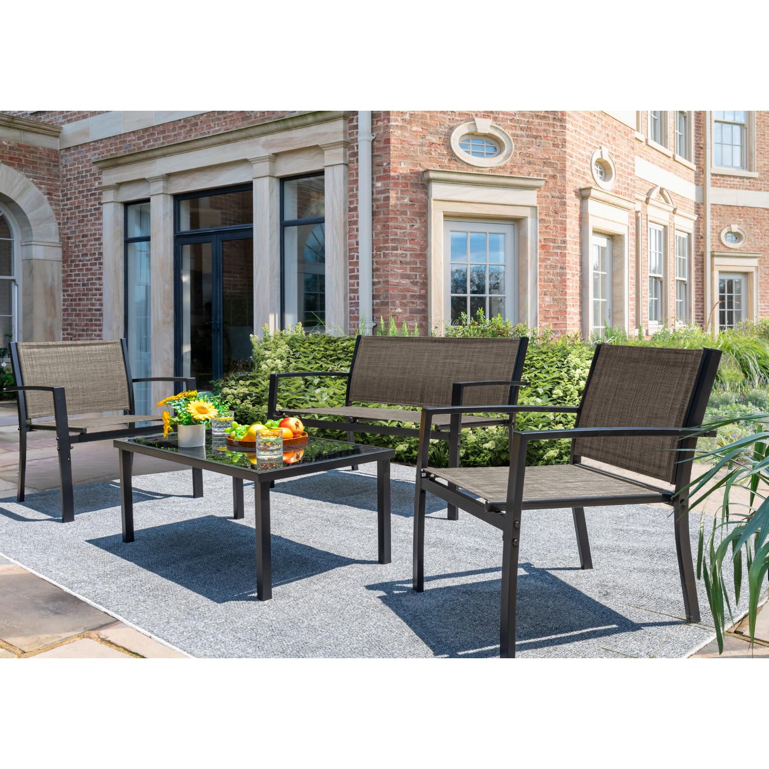 Devoko 4-Piece Outdoor Patio Furniture Set - Brown Wicker Garden Conversation Set with Tempered Glass Coffee Table for Poolside, Lawn, Porch & Backyard Relaxation