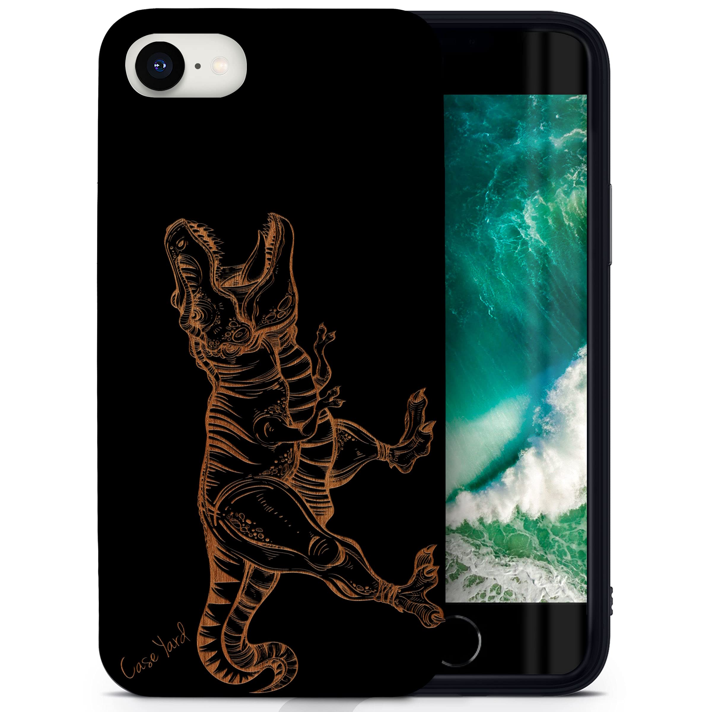 Wooden iPhone SE Case with Laser Engraved T-Rex Design - Shockproof Slim Fit Protective Cover for Men & Women | Durable Black Wood Phone Case for Everyday Use & Outdoor Activities