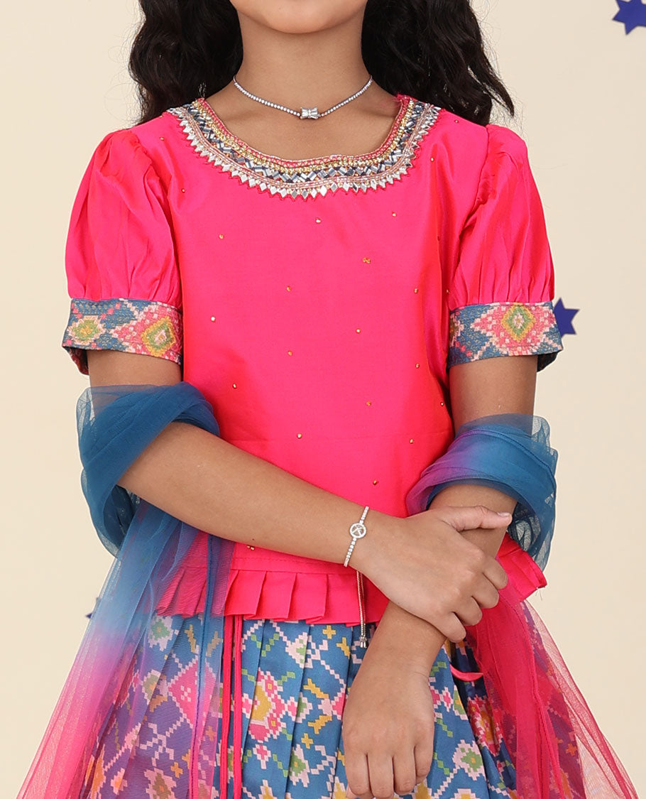 Blue Cholly Set with Patola Design & Traditional Border Skirt - Embroidered Puff Sleeve Blouse & Net Dupatta | Perfect for Festivals, Weddings & Cultural Events