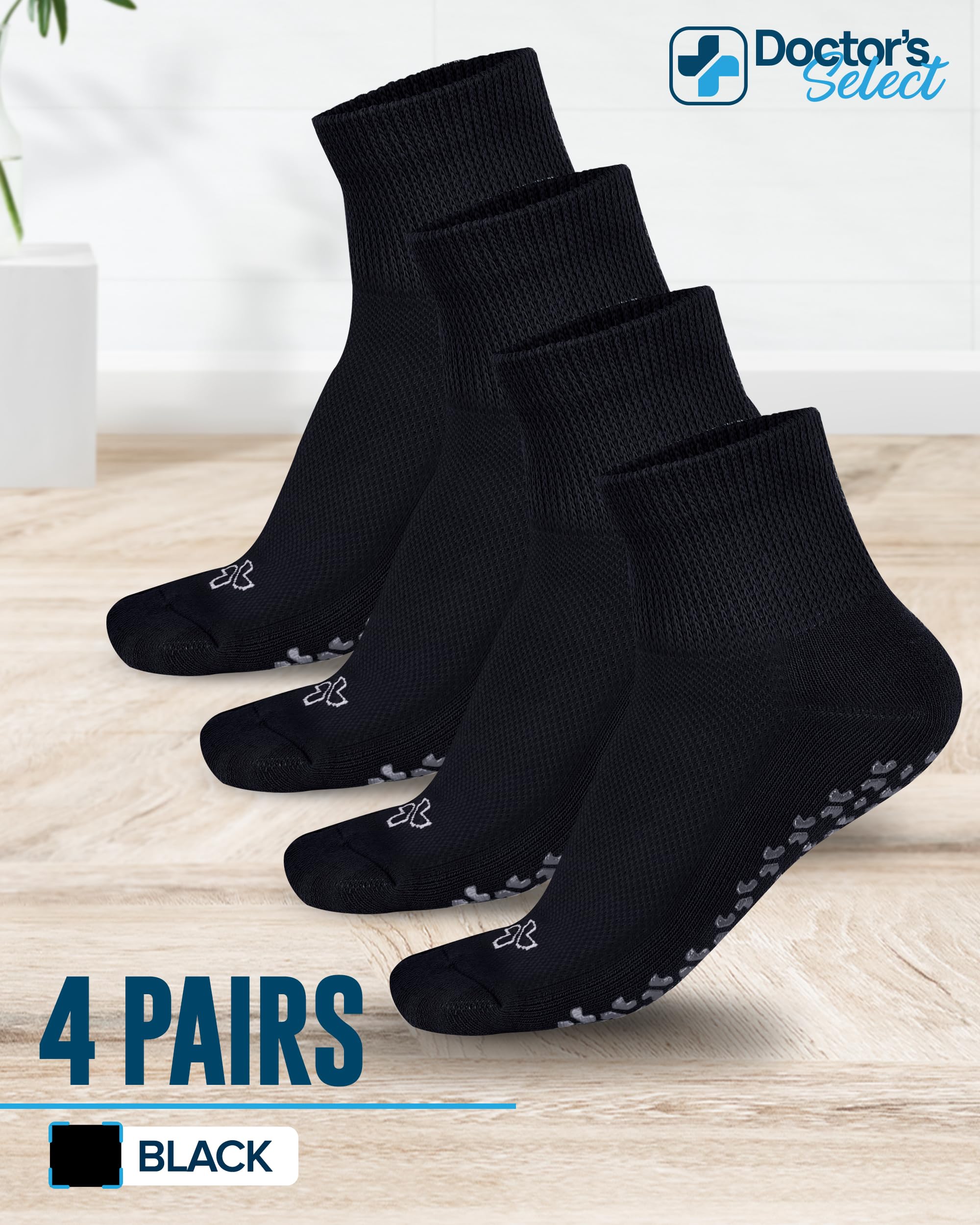 Doctor's Select Diabetic Ankle Socks with Non-Slip Grippers for Men & Women - 4 Pairs 1/4 Crew Length Neuropathy Socks for Circulation & Comfort - Ideal for Diabetes, Swelling & Daily Wear