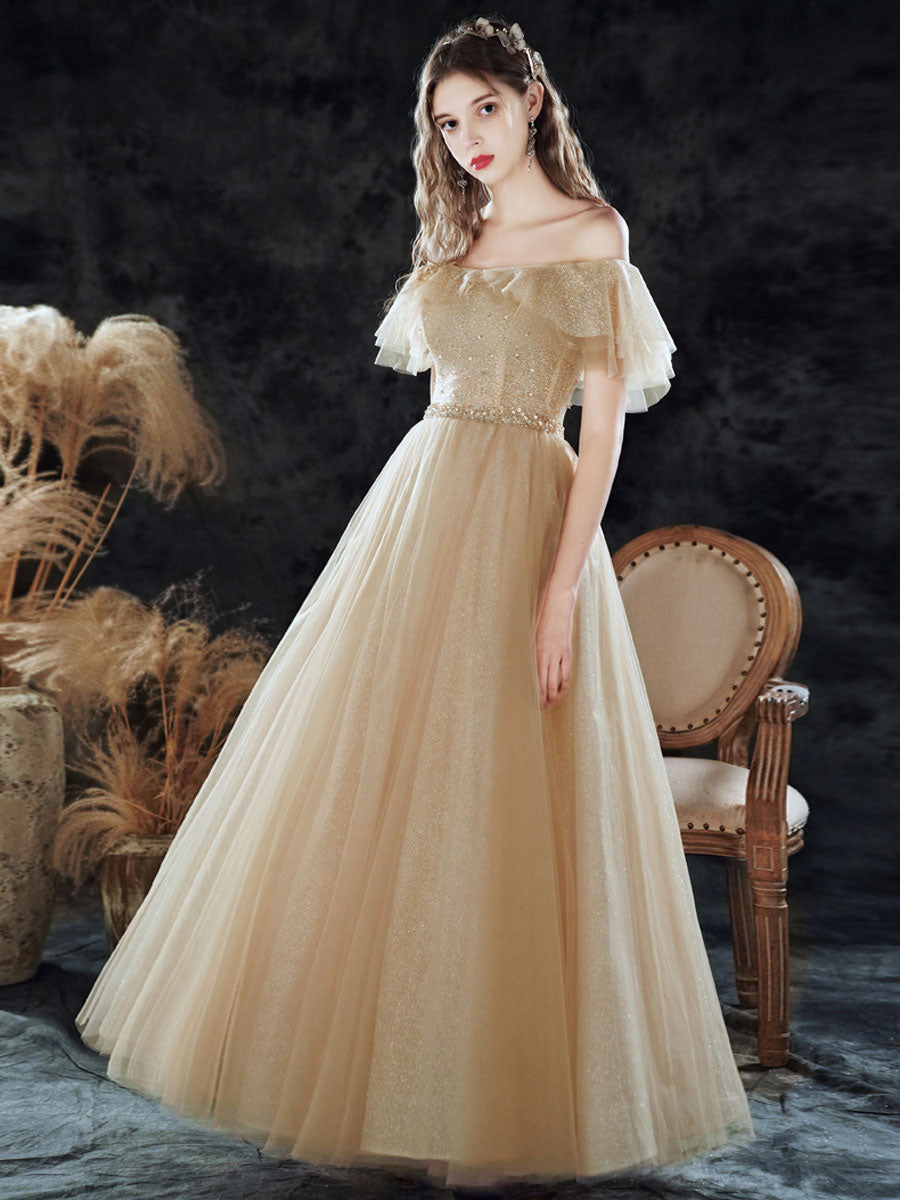 Elegant Champagne Sequin Tulle Long Prom Dress - A-Line Evening Gown for Formal Events, Homecoming, Wedding Guest & Special Occasions