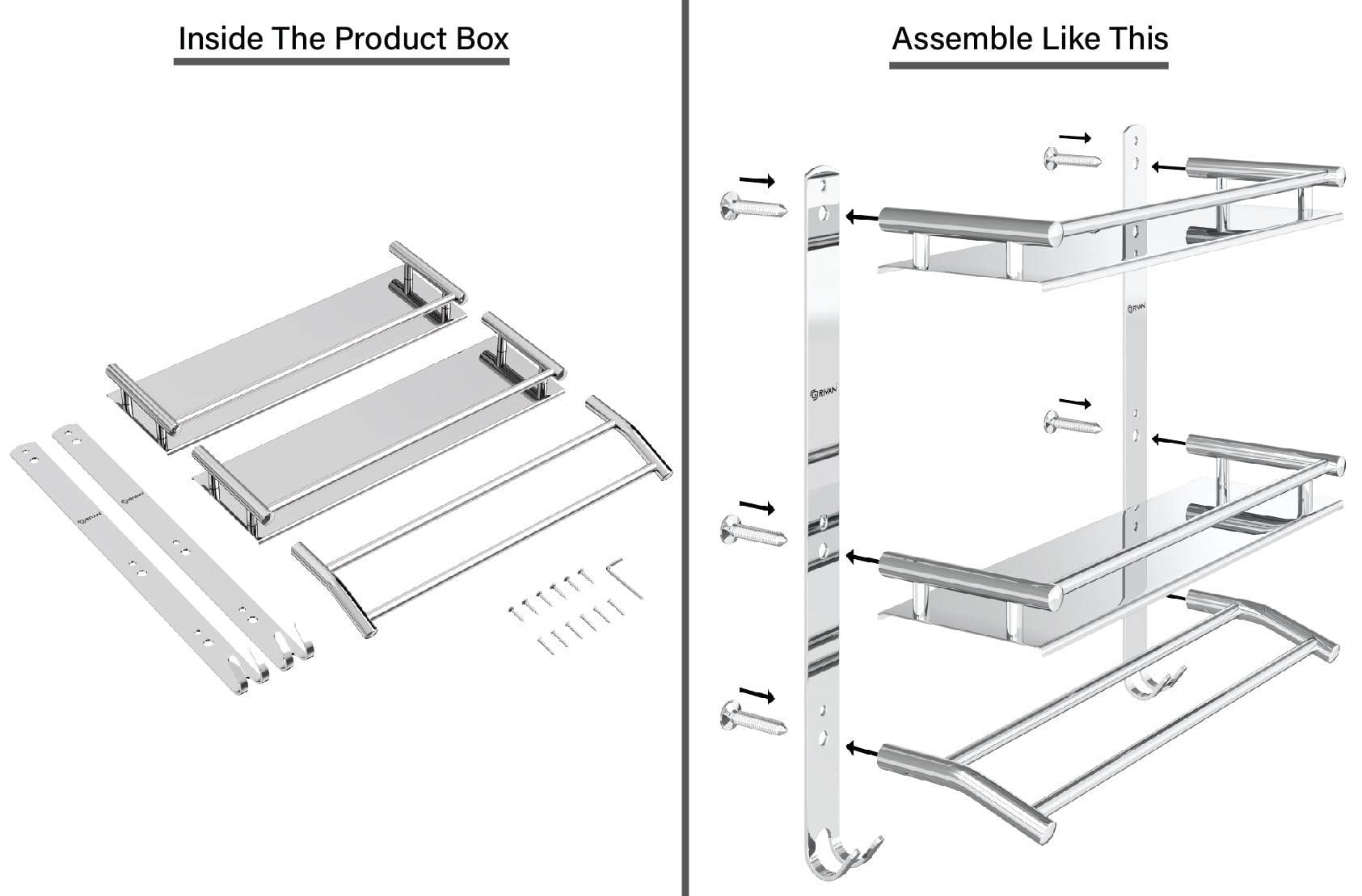 GRIVAN Stainless Steel Double Layer Bathroom Shelf with Towel Rod - Wall Mount Organizer for Bathroom Storage, Chrome Finish - Perfect for Small Spaces, Shower Caddies & Bath Accessories Organization
