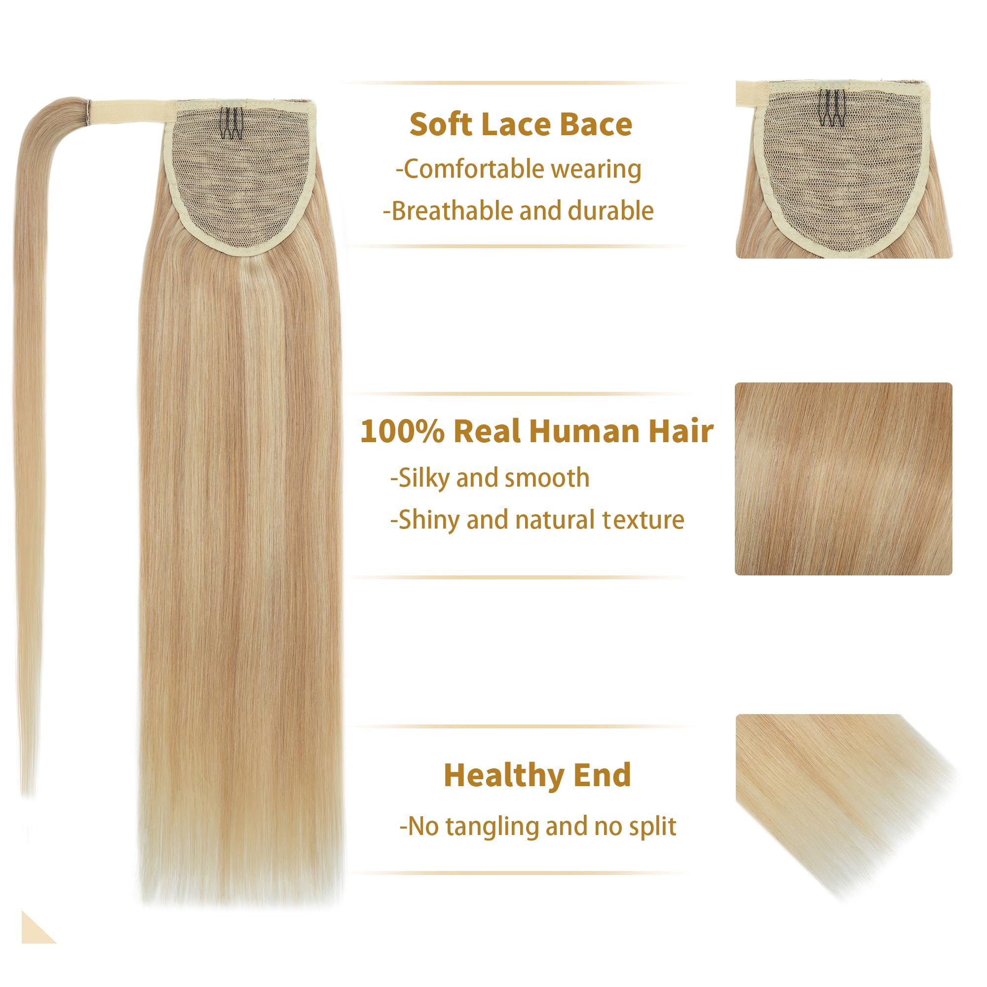SEGO 20 Inch Clip-In Ponytail Extension - 100% Real Human Hair, Long Straight Wrap Around Ponytail with Magic Paste (Ash Blonde & Bleach Blonde) - Perfect for Daily Wear, Parties, Weddings & Special Occasions