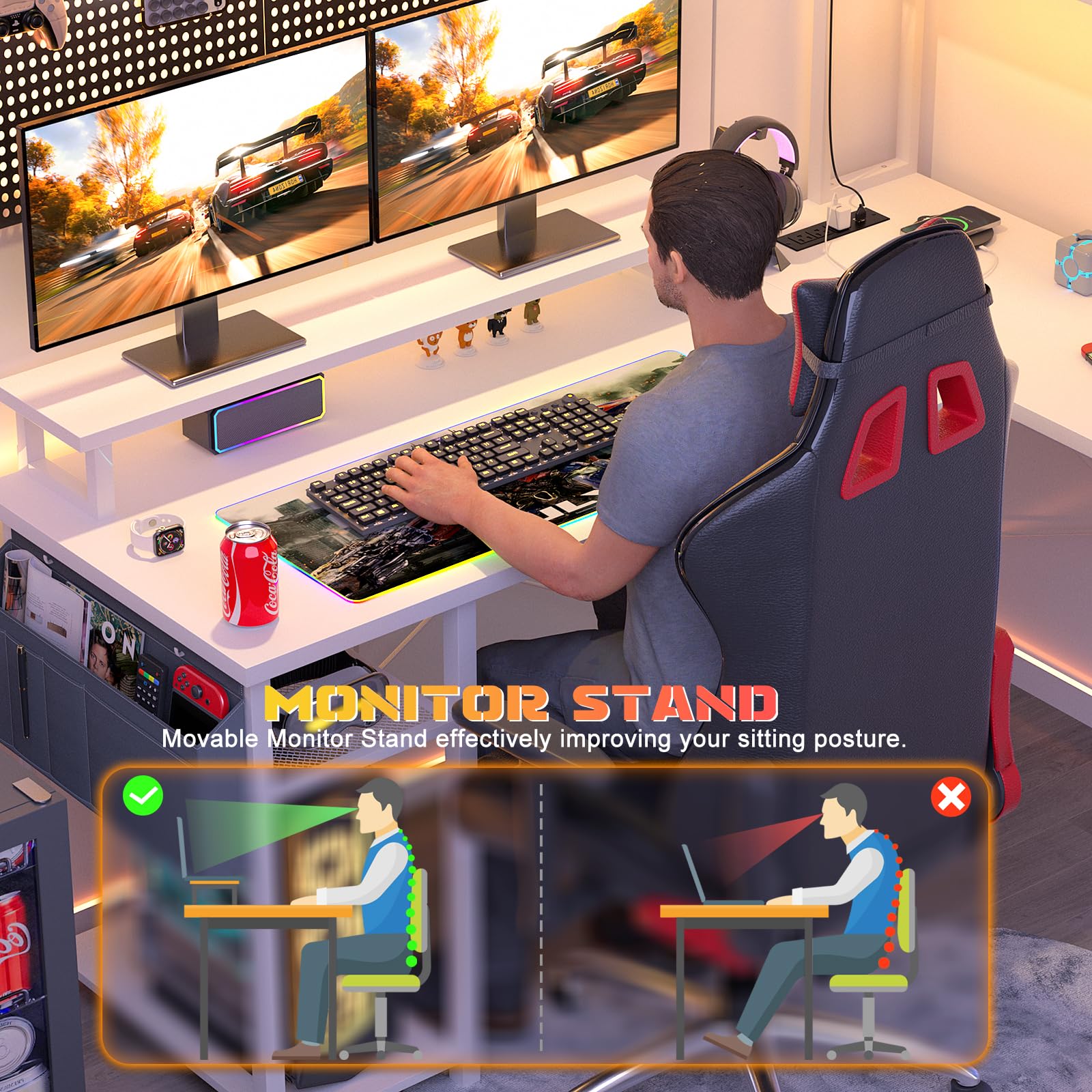 Aheaplus Small L-Shaped Gaming Desk with USB Charging Port & LED Strip - Reversible Corner Computer Desk with Monitor Stand, Storage Shelf & Organizer Bag - Perfect for Home Office, Gaming Setup & Small Spaces (White)