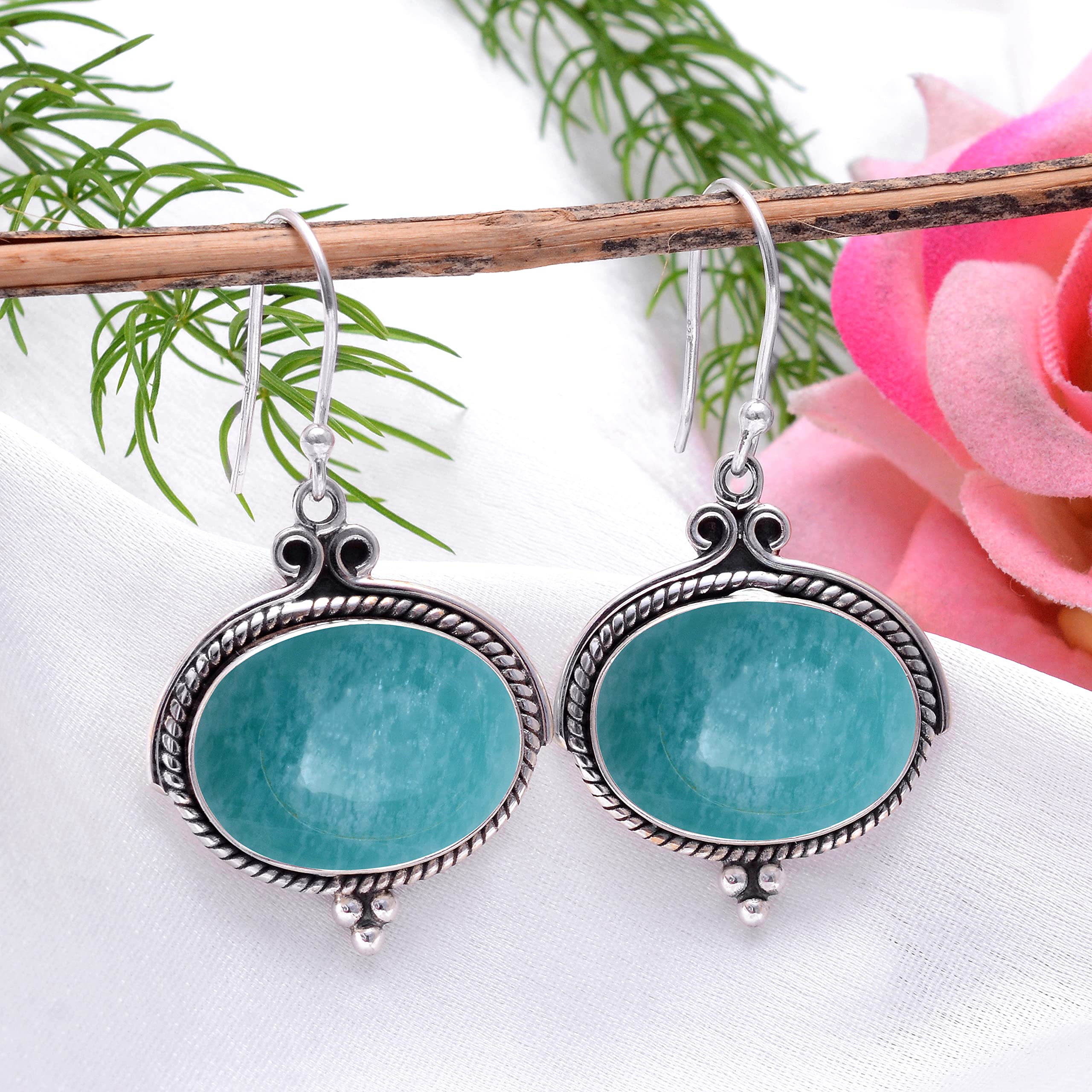 Veracity Jewelry Amazonite Earrings for Women - 925 Sterling Silver Dangle Earrings with Blue Green Gemstone - Handmade Healing Crystal Jewelry - Perfect for Meditation, Yoga & Spiritual Gifts (VSE-46)