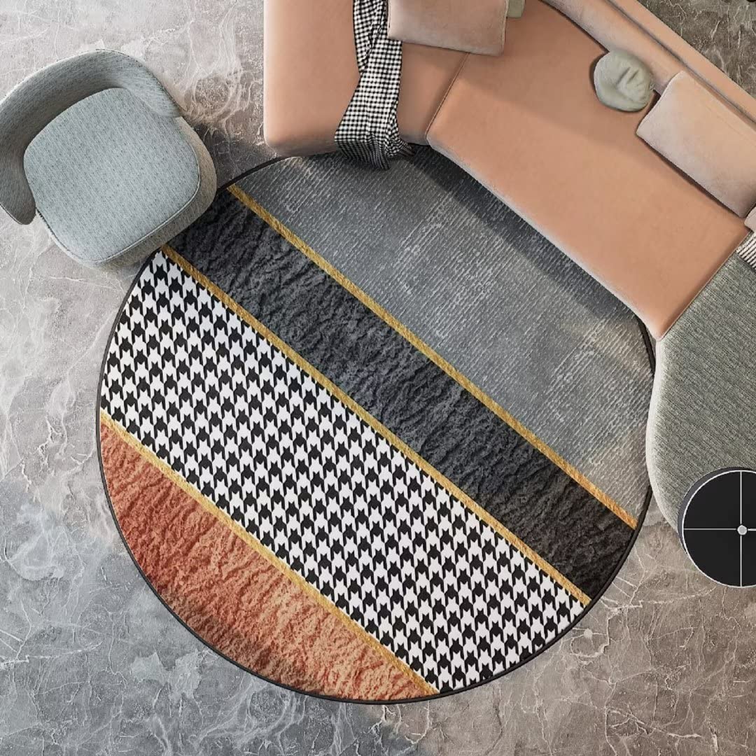 Modern Abstract Houndstooth Printed Round Area Rug - 6 ft Washable Non-Slip Floor Mat for Living Room & Bedroom - Perfect for Boho Chic Decor and Cozy Home Spaces