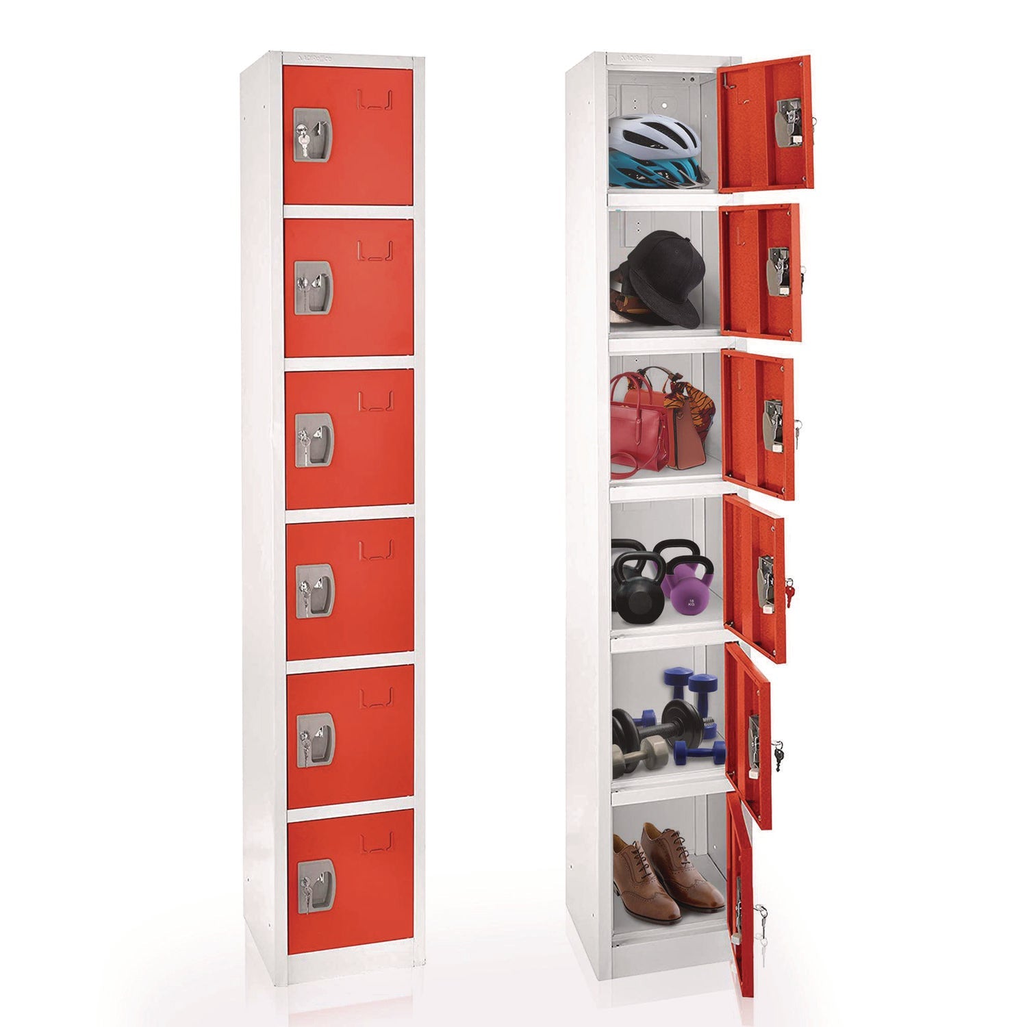 Steel Storage Locker with 6 Compartments - 12 x 12 x 72 Inches, Red - Heavy Duty Metal Locker for Office, School, Gym & Warehouse Organization