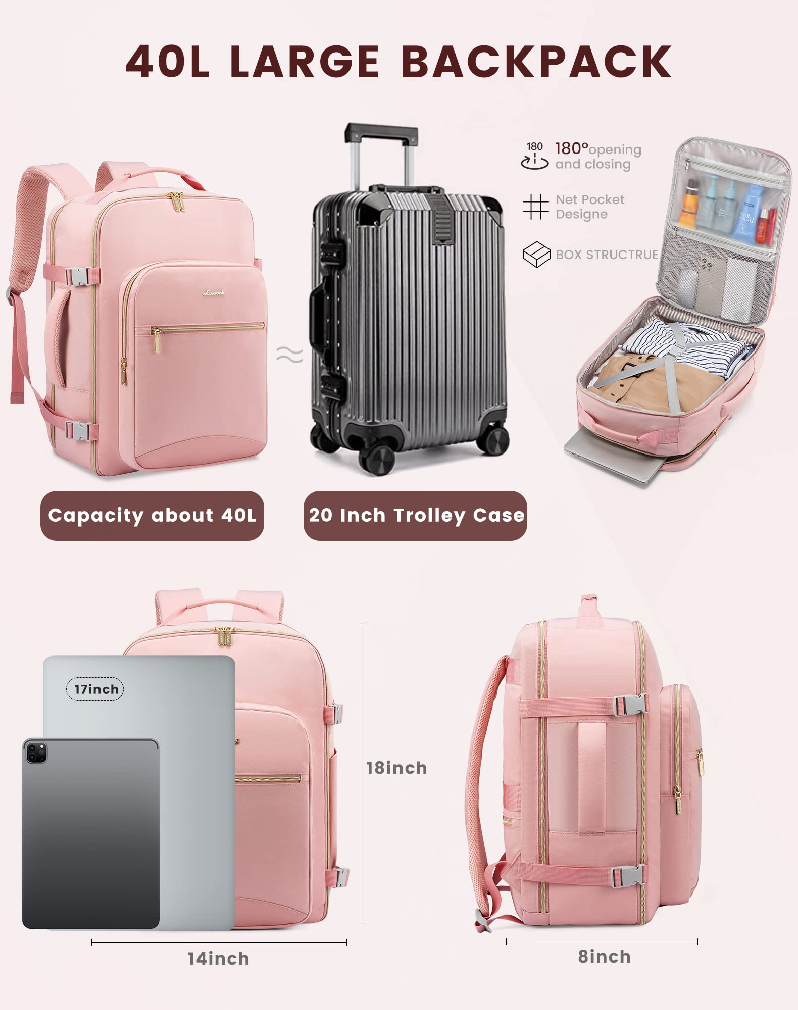 LOVEVOOK 17 Inch Waterproof Travel Backpack for Women - Flight Approved Carry On Backpack with Toiletry Bag, Large Laptop Backpack for Business, Weekender Overnight Bag - Perfect for Air Travel, Commuting & Weekend Getaways (Pink)