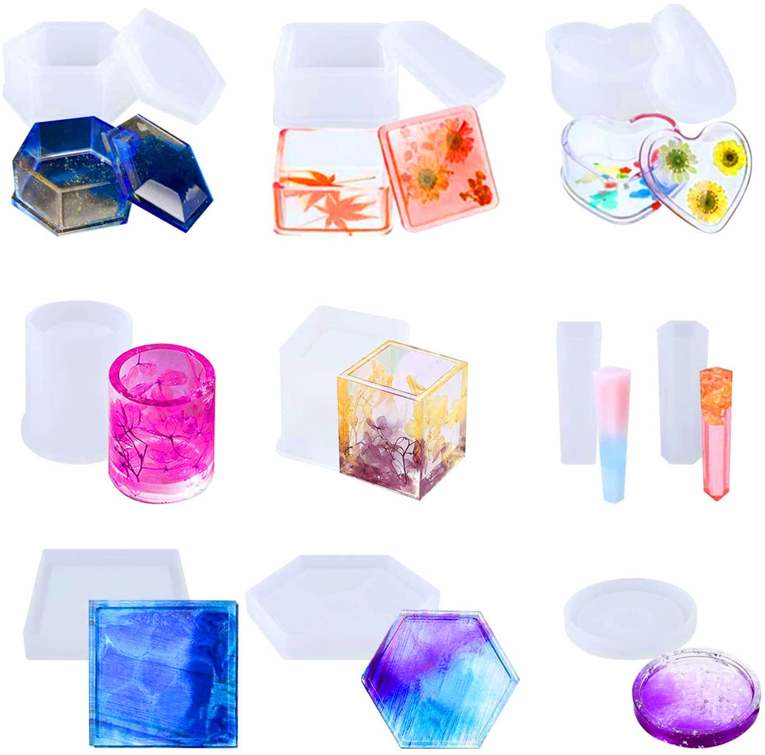 INFIJYON Epoxy Resin Molds Set - Hexagon, Square & Heart Shaped Jewelry Box Molds with Lid - DIY Silicone Molds for Storage Box, Coaster, Pen Holder & Pendant - Perfect for Crafting, Gift Making & Home Decor