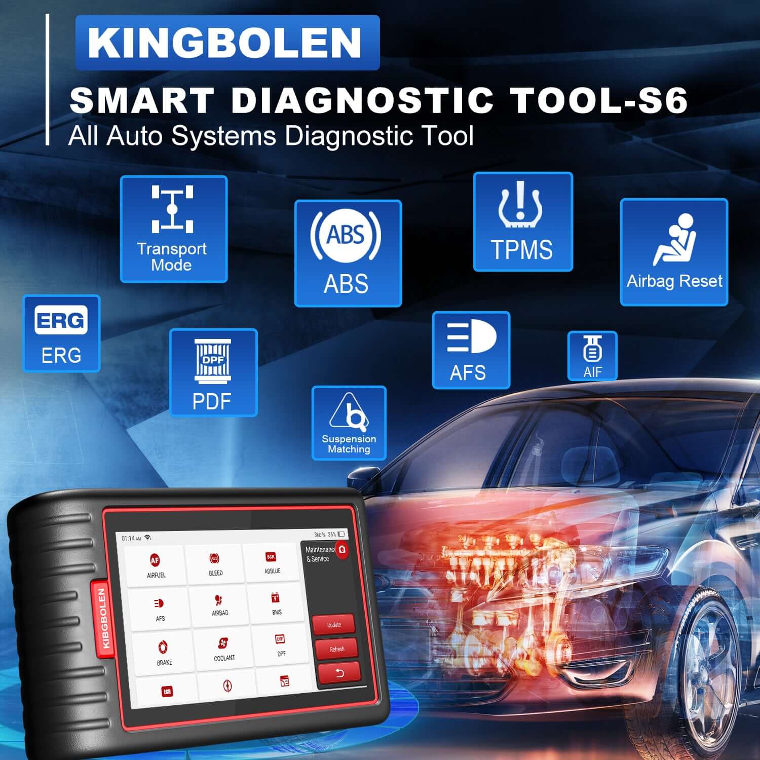 KINGBOLEN S6 OBD2 Scanner - Professional Car Diagnostic Tool with 28 Reset Functions, Lifetime Free Updates | Compatible with Most Vehicles for Engine, ABS, SRS, Transmission Diagnostics - Perfect for Mechanics & DIY Car Repair